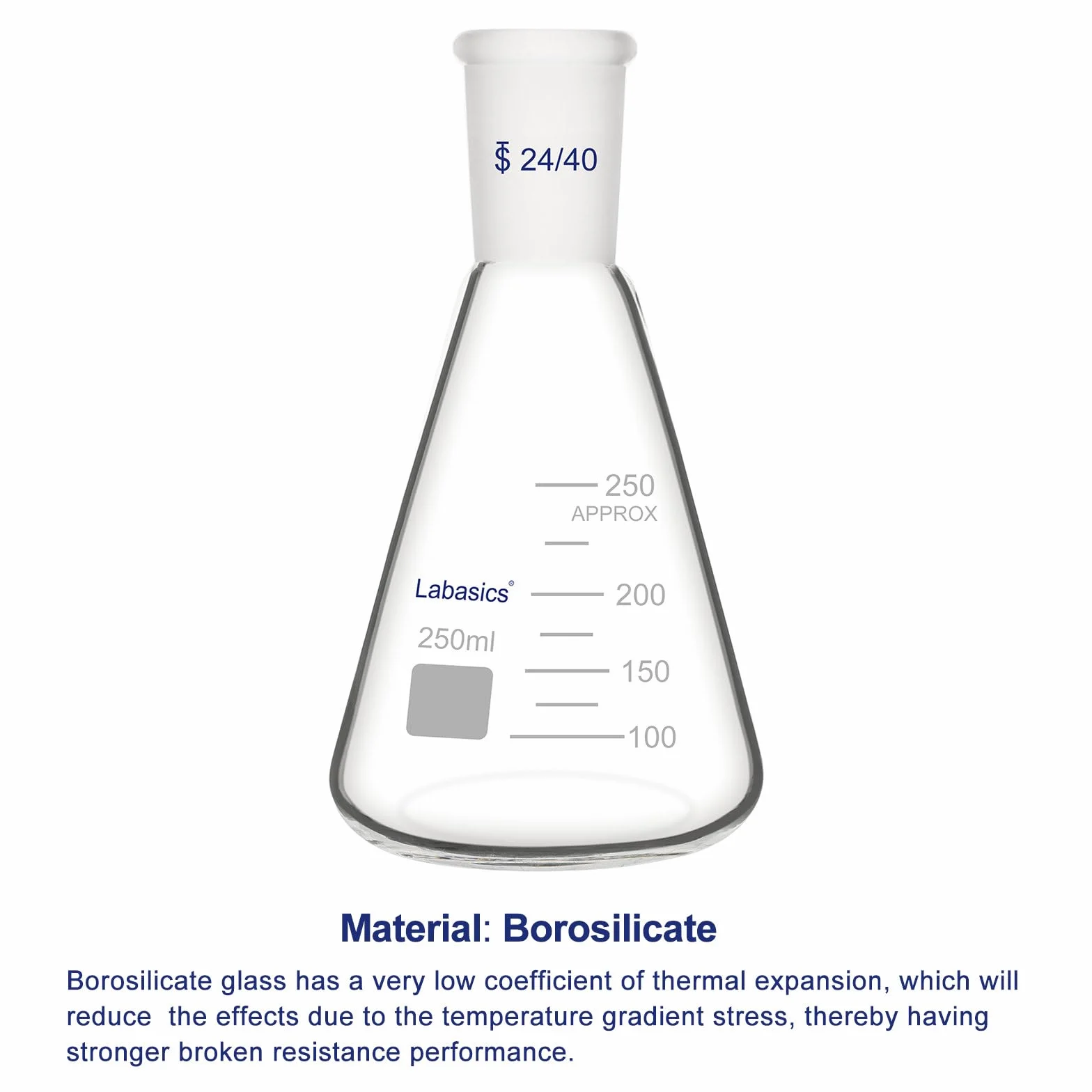 Labasics Vidrio 24/40 Erlenmeyer Matraz, Borosilicato Pared Gruesa, 250 ml