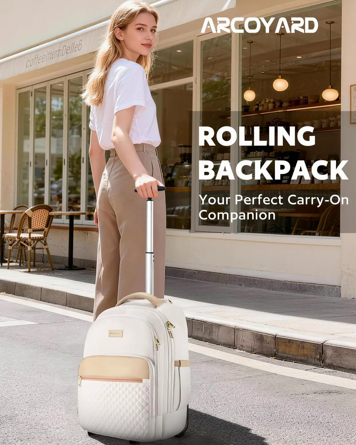 Arcoyard Mochila con ruedas para adultos, mochila con ruedas para mujer, mochila de viaje con ruedas