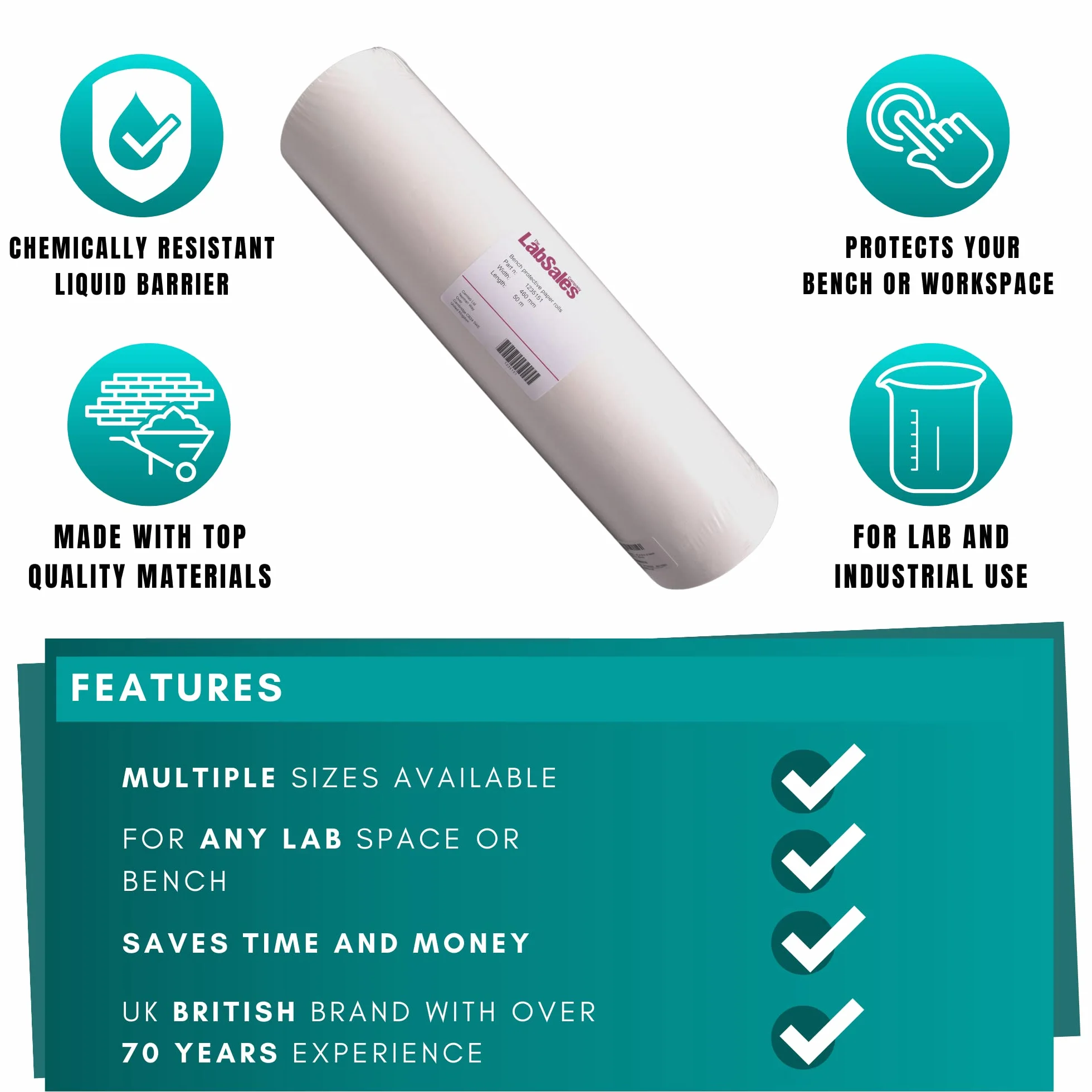 Rollo de papel protector de banco de laboratorio 460 mm x 50 m, doble barrera, absorbe derrames de líquidos