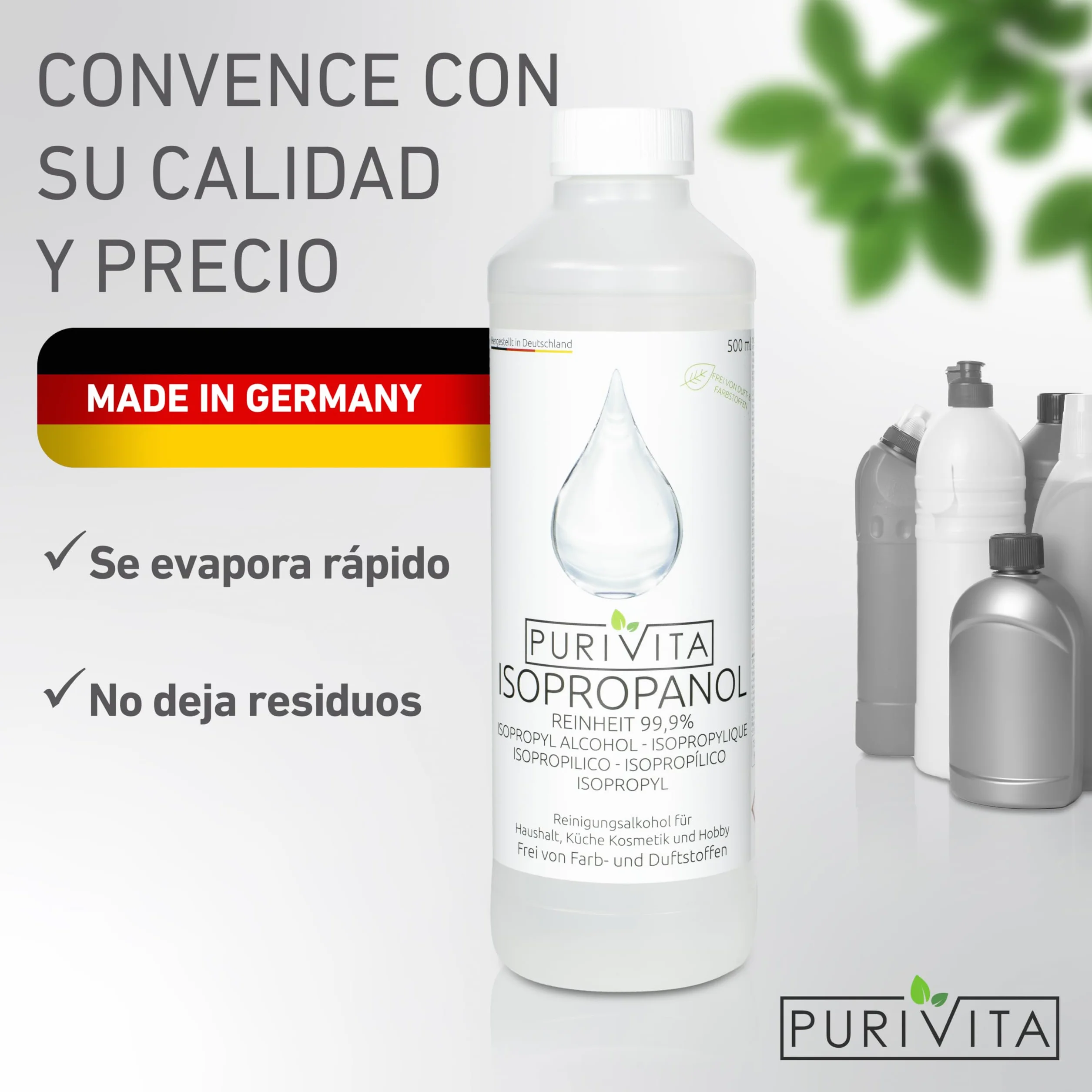 PURIVITA Alcohol Isopropilico 99,9% 500ML - Isopropyl Alcohol Limpiador Desengrasante