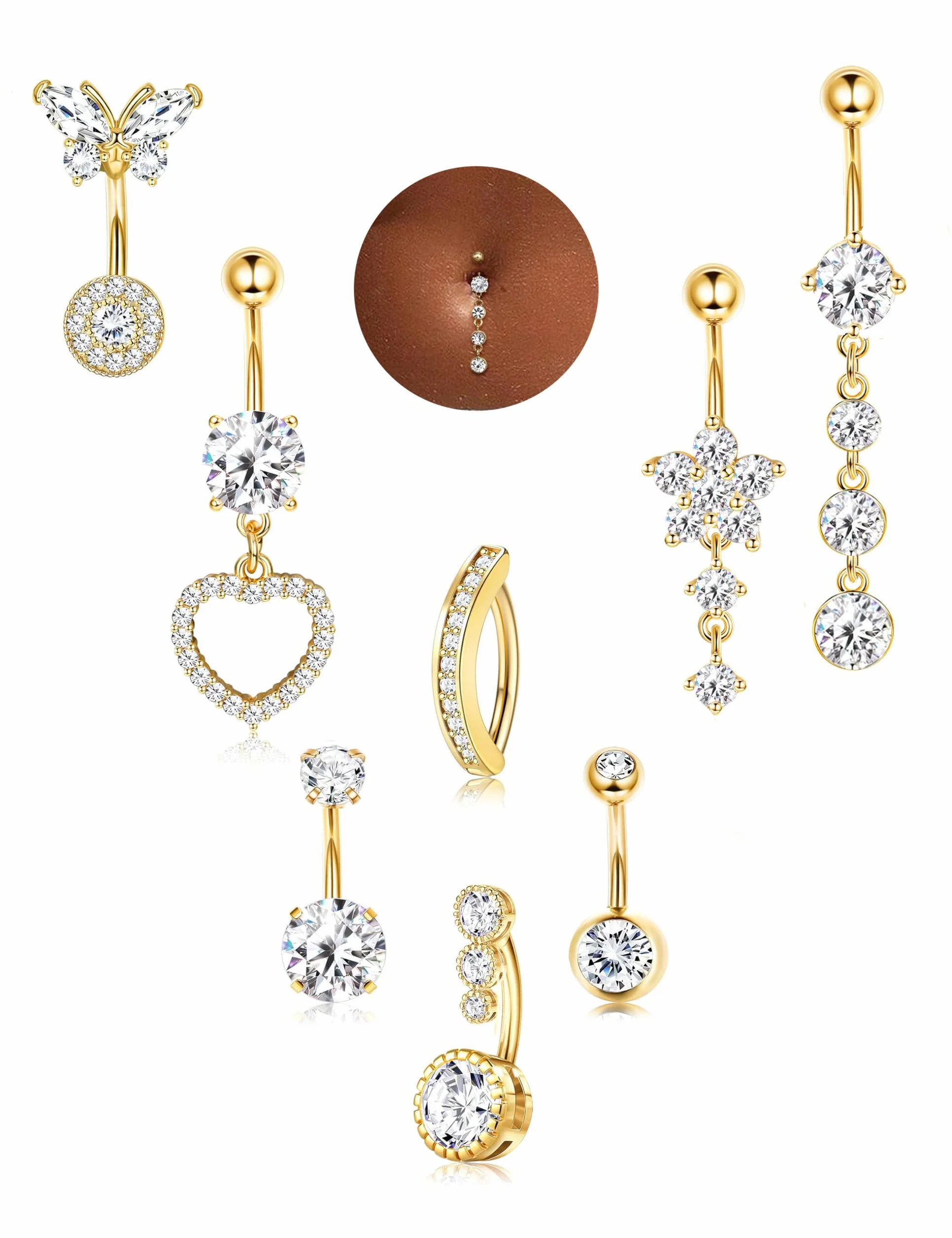 MILACOLATO 8Pcs Perforador de Ombligo de Acero Quirúrgico, Clicker Flor Corazón Mariposa Colgante Ombligo Anillos de Ombligo Set para Mujeres Niñas