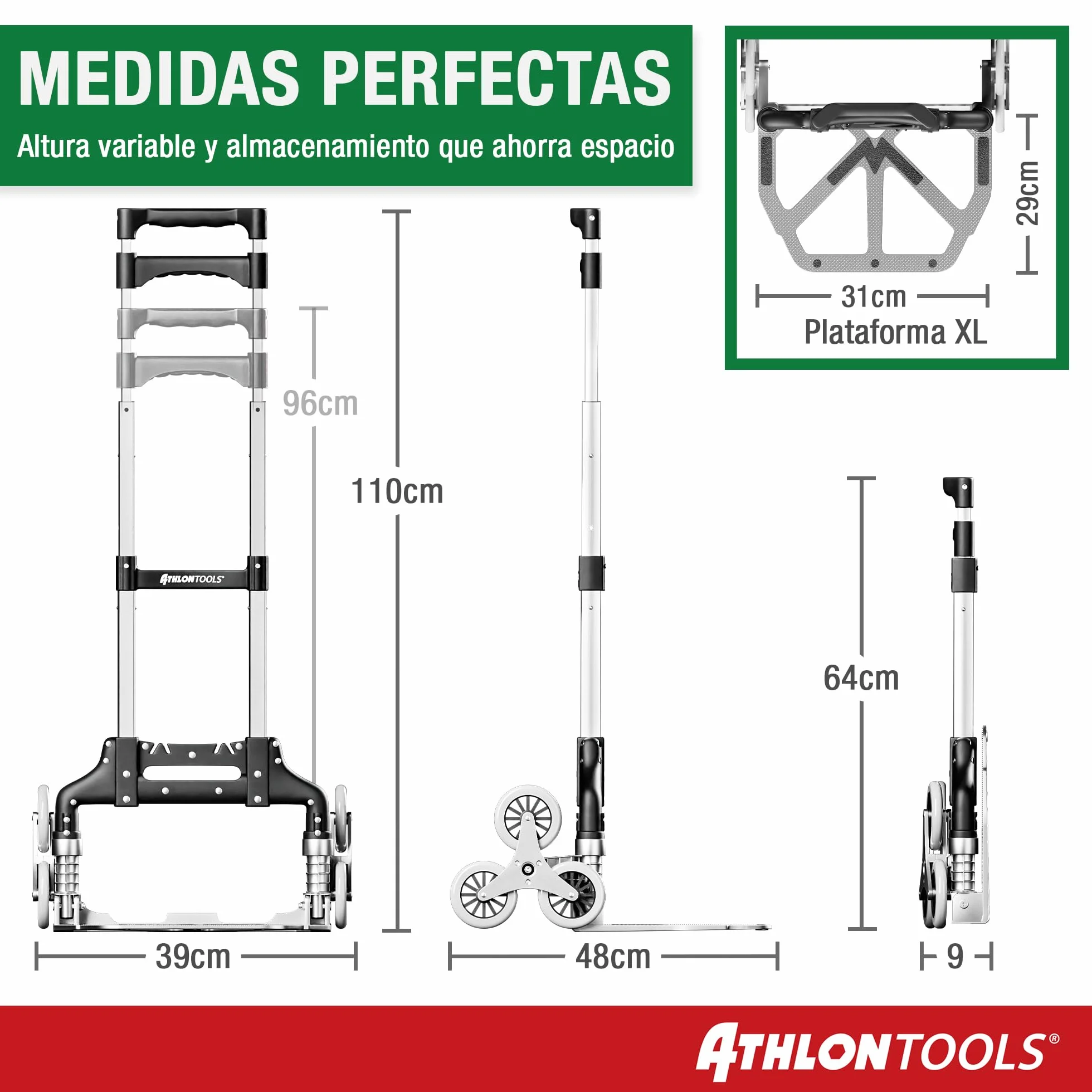 ATHLON TOOLS Carretilla Plegable de Aluminio, TÜV GS-Certificado, Mango 110 cm, Almohadillas Antideslizantes, Modelo 2025