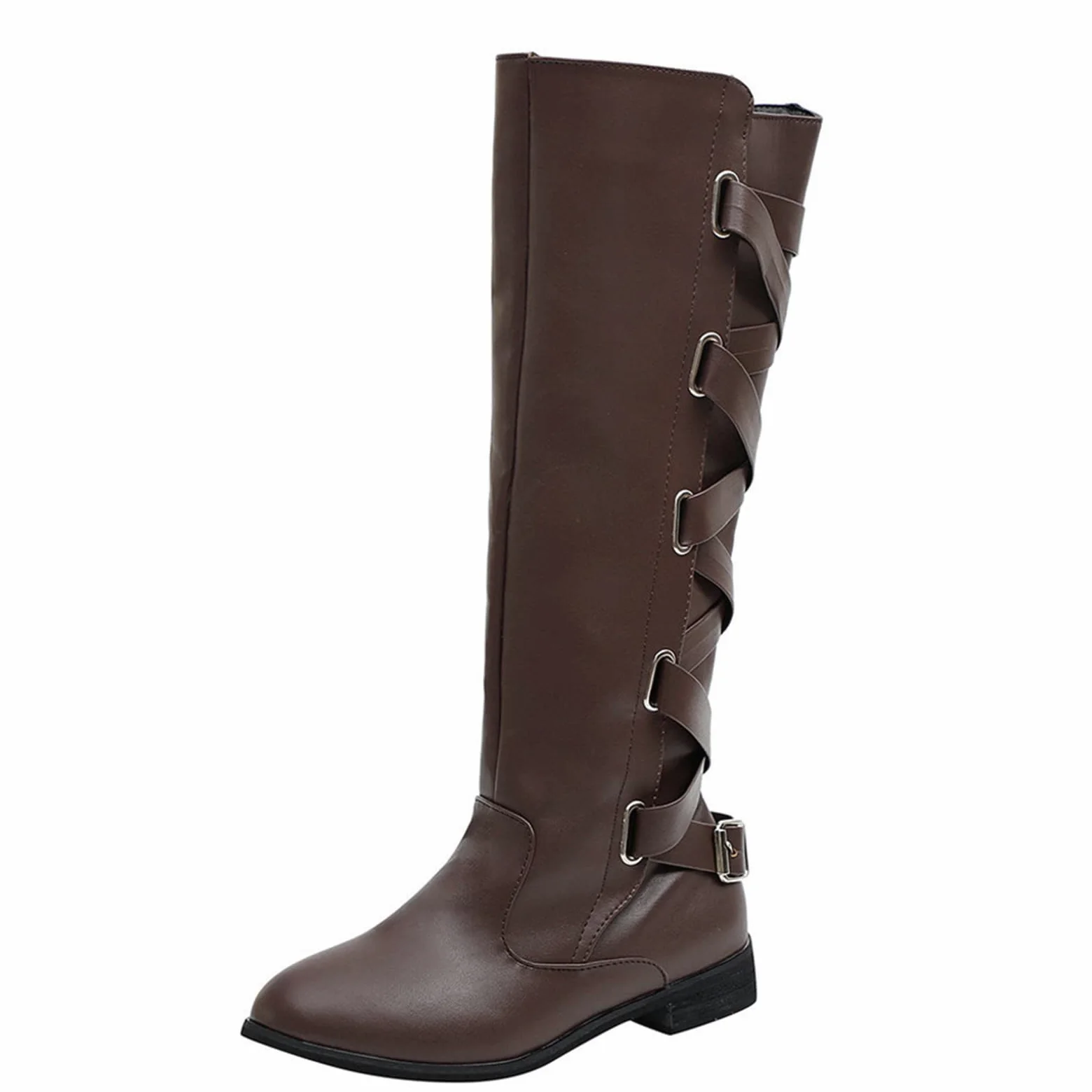Botas hasta la Rodilla con Cordones para Mujer Botas de Nieve cálidas de Invierno Botas de Montar de Cuero para Mujer Botas de Tobillo Planas con Hebilla de cinturón para Mujer con Cremallera Lateral