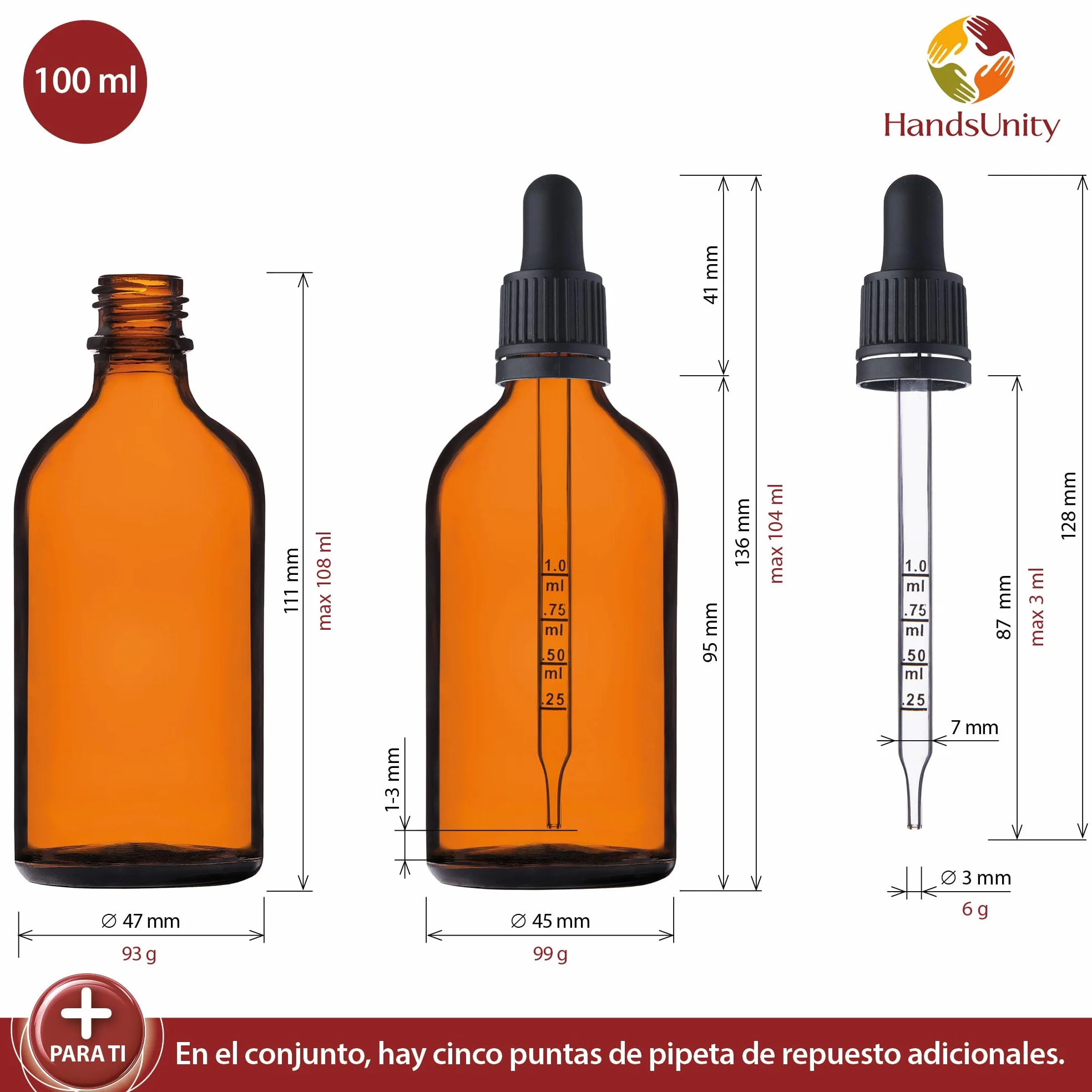 Frasco de Pipeta de Vidrio Ámbar 100ml 70 Piezas con Tapa Negra - Botellas de Vidrio Marrón