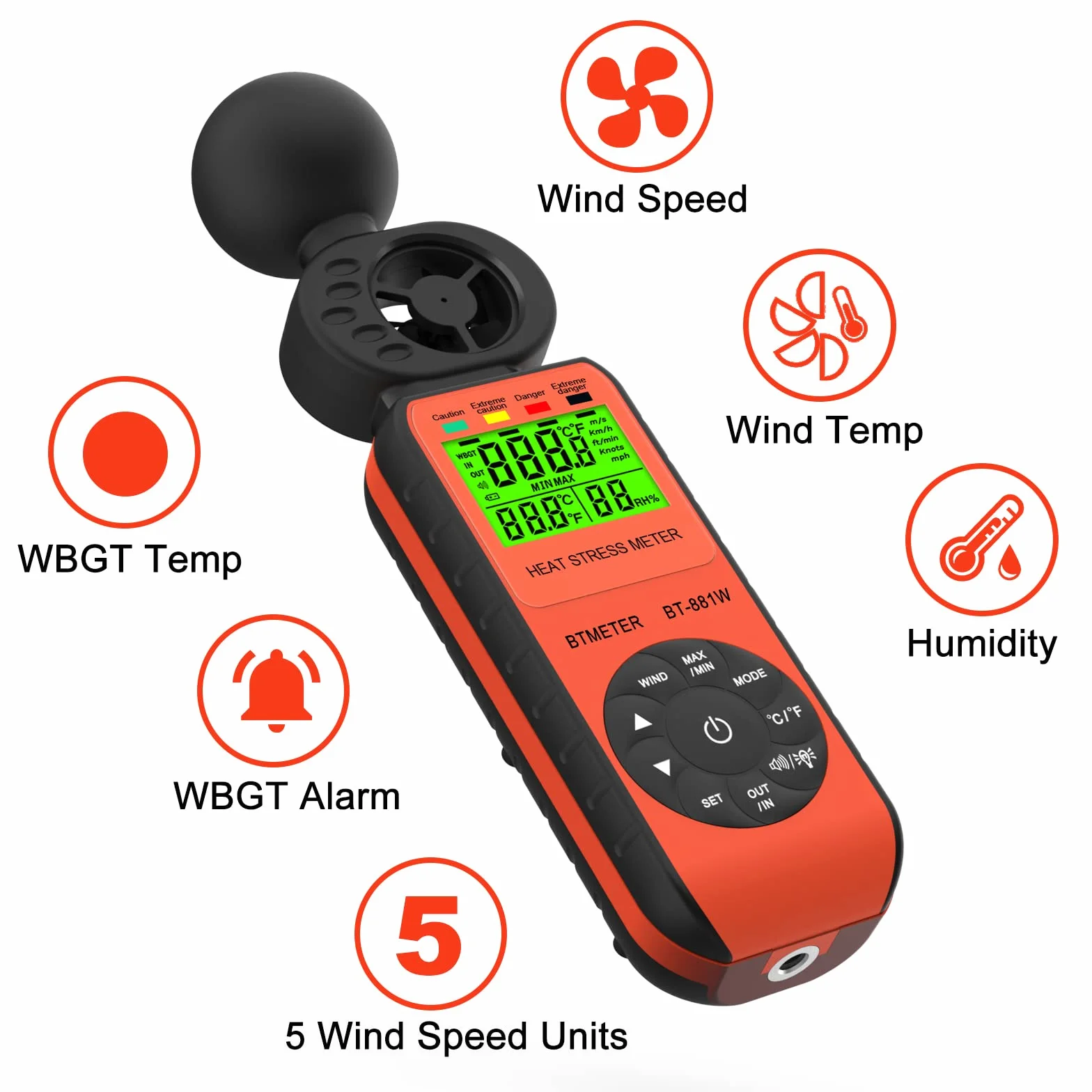 BTMETER BT-881W Medidor de viento WBGT, anemómetro digital portátil velocidad temperatura humedad