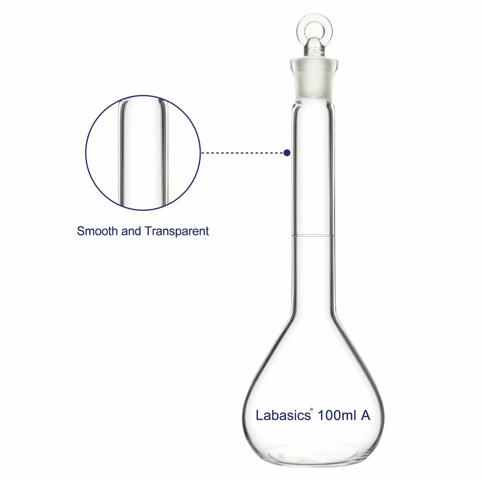 Labasics Matraz Aforado 100 ml Vidrio Borosilicato Clase A Tapón Vidrio Transparente para Laboratorio Químico Analítico