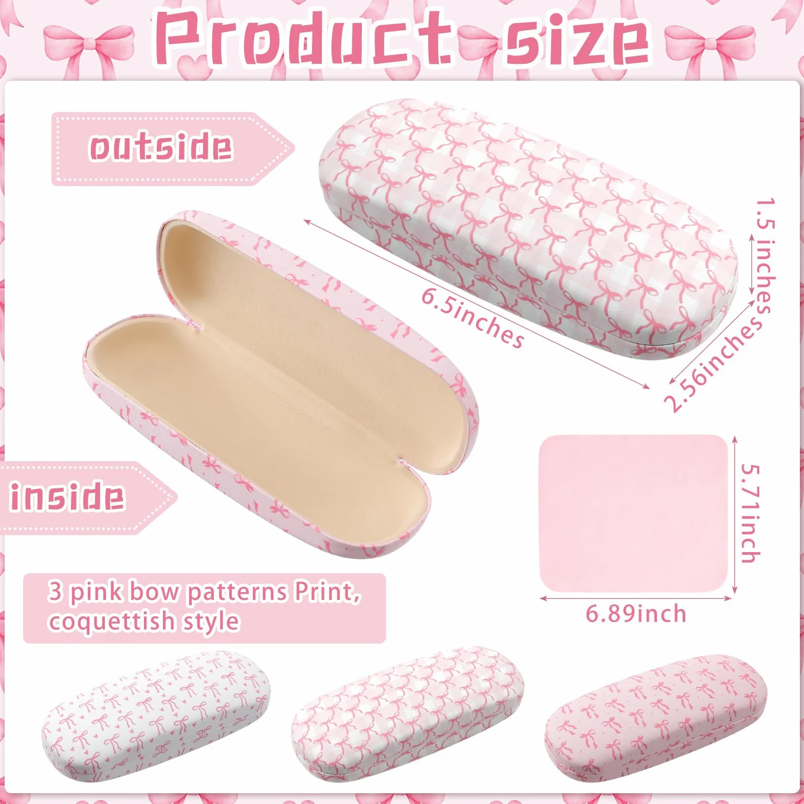 Fuyoooo Paquete de 3 fundas duras para gafas de sol con lazo rosa con paño de limpieza, caja de piel sintética para gafas de sol