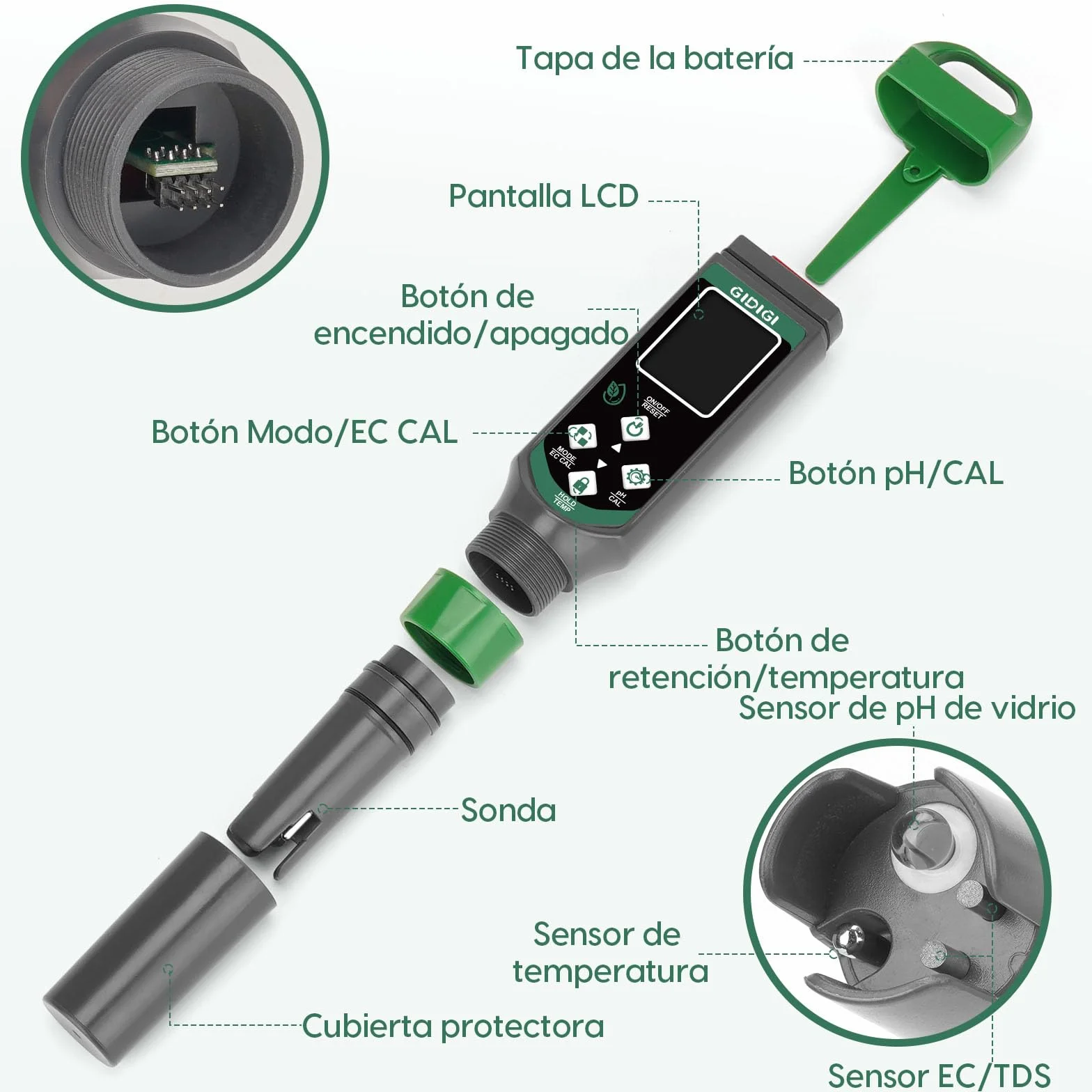Medidor de pH y PPM 4 en 1 EC TDS TEMP con Pantalla a Color para Hidroponía Piscinas Cerveza