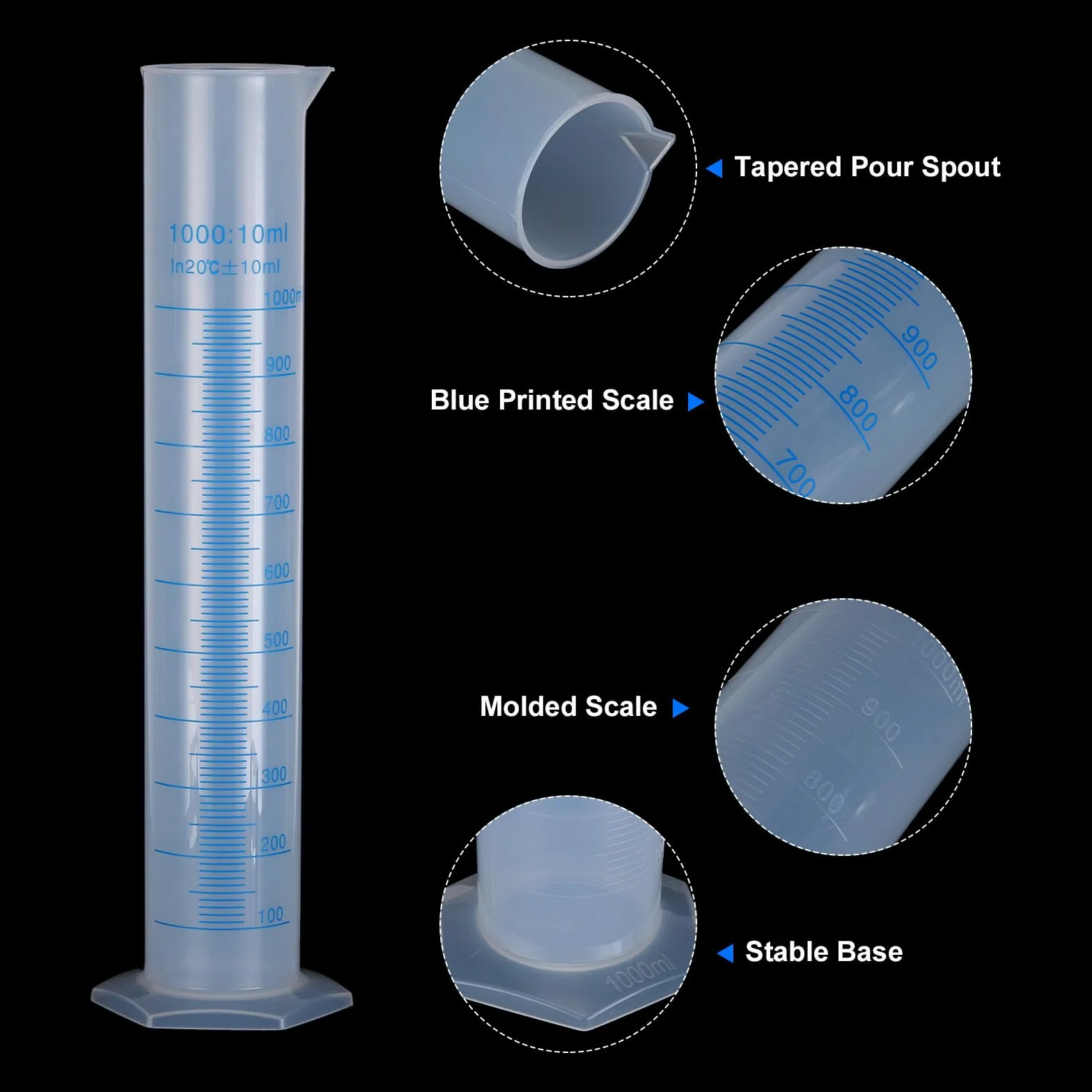 QUARKZMAN Cilindro Graduado de Plástico 1000ml Medidor Transparente Base Hexagonal 2 Unidades