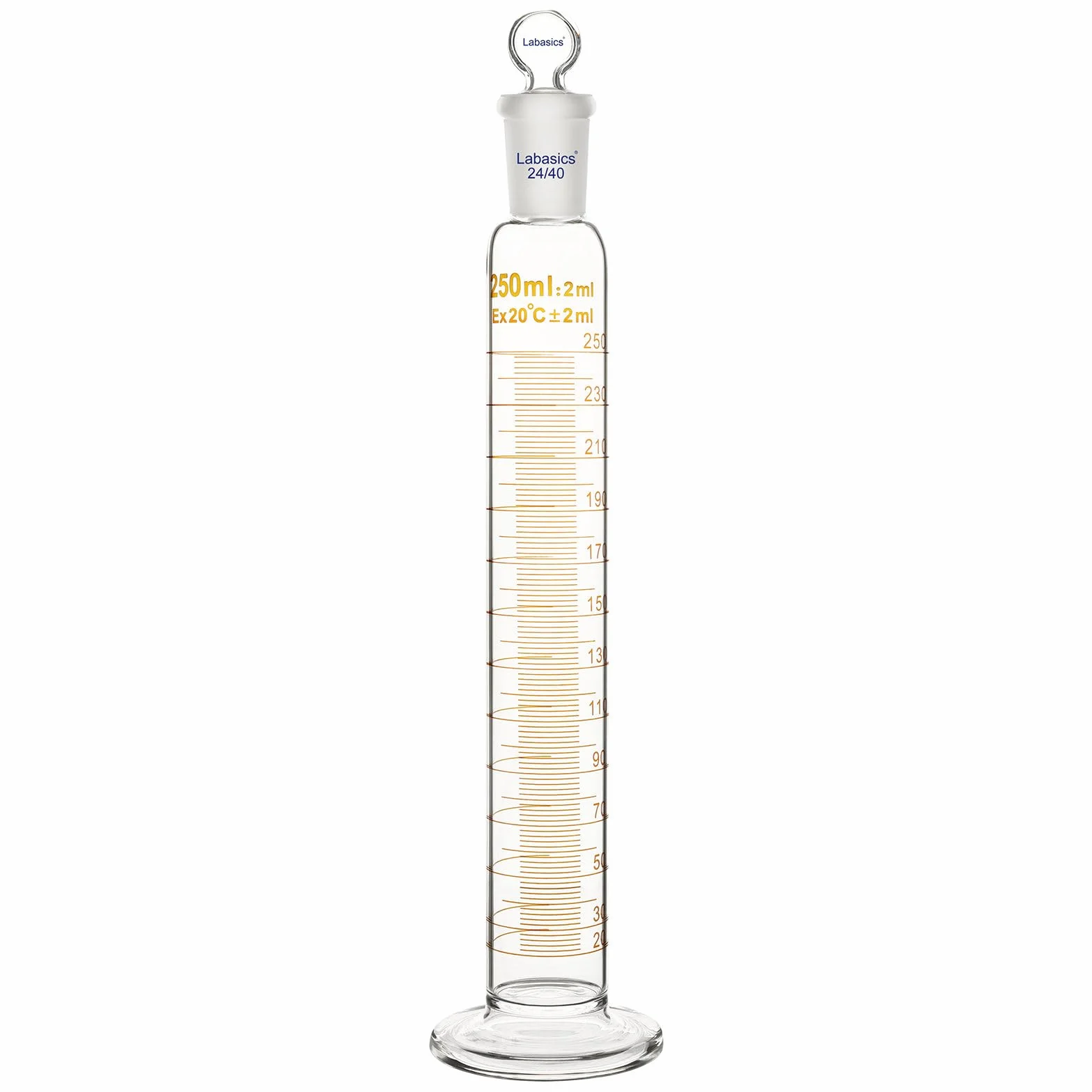 Labasics Cilindro Graduado con Tapón 250 ml Vidrio Borosilicato Junta Esmerilada 24/40 Laboratorio Medición Líquidos