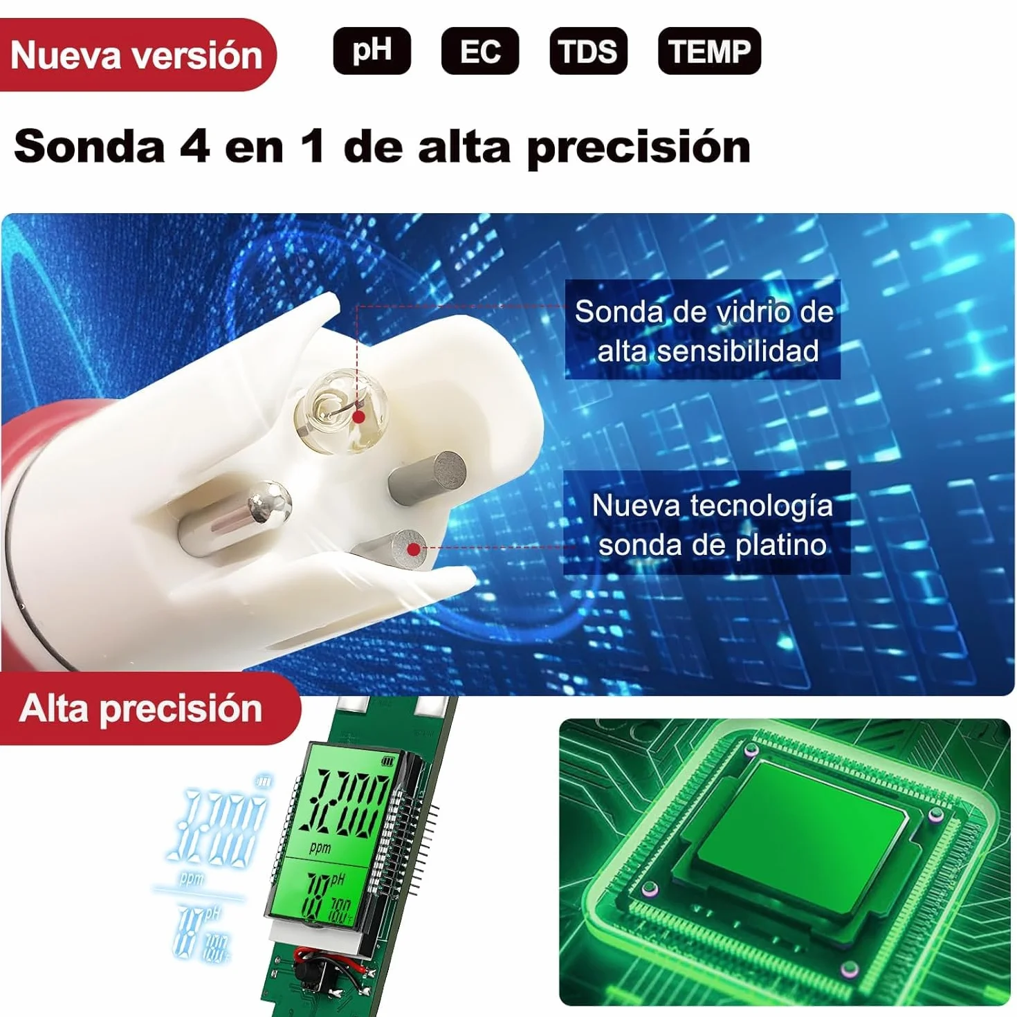 Medidor TDS pH EC 4 en 1 ph-metro para agua potable hidroponía acuario