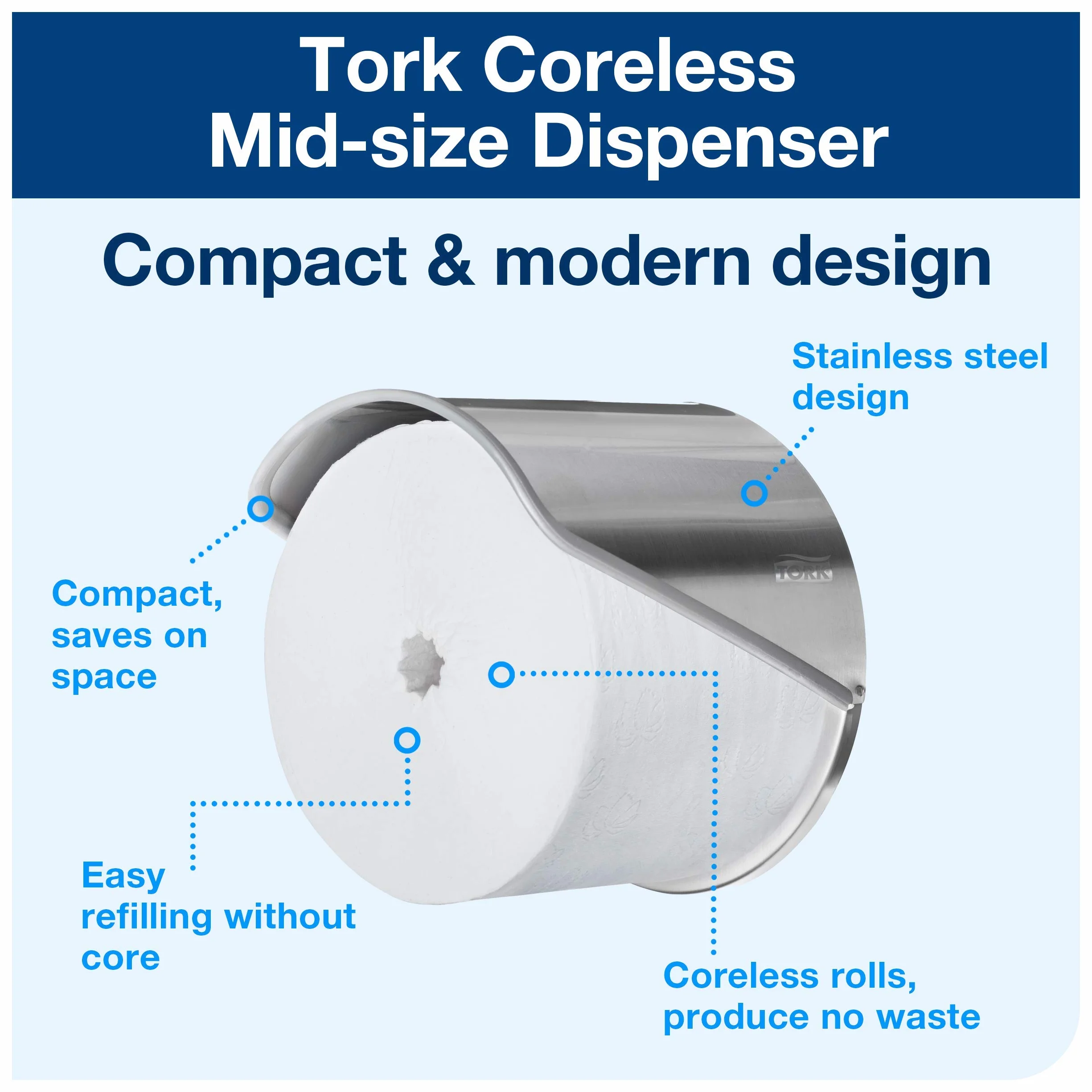 Tork Dispensador de Papel Higiénico Sin Mangas Midi T7 Acero Inoxidable 472259
