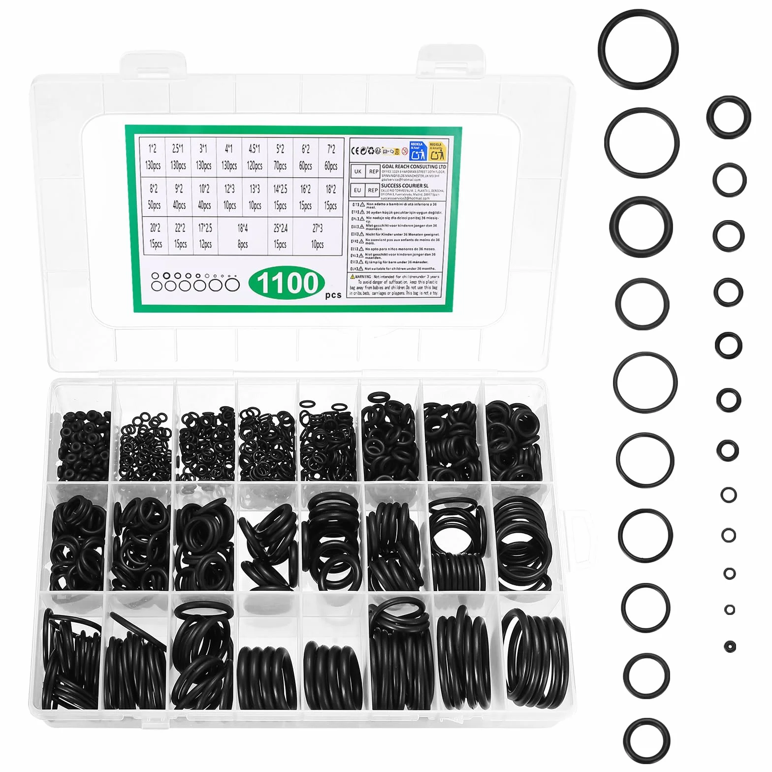 1100 Pcs Juntas Tóricas de Goma, O-Ring Kit para Reparación de Grifos Automotrices y Plomería