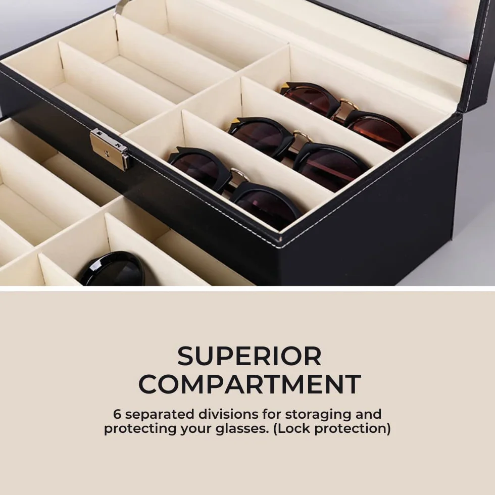MAGIC SELECT Caja para Gafas con 8-12-18 Compartimentos, Estuche con Tapa de Cristal Transparente, Cierre con Llave, Cajón y Forro Interior, Polipiel