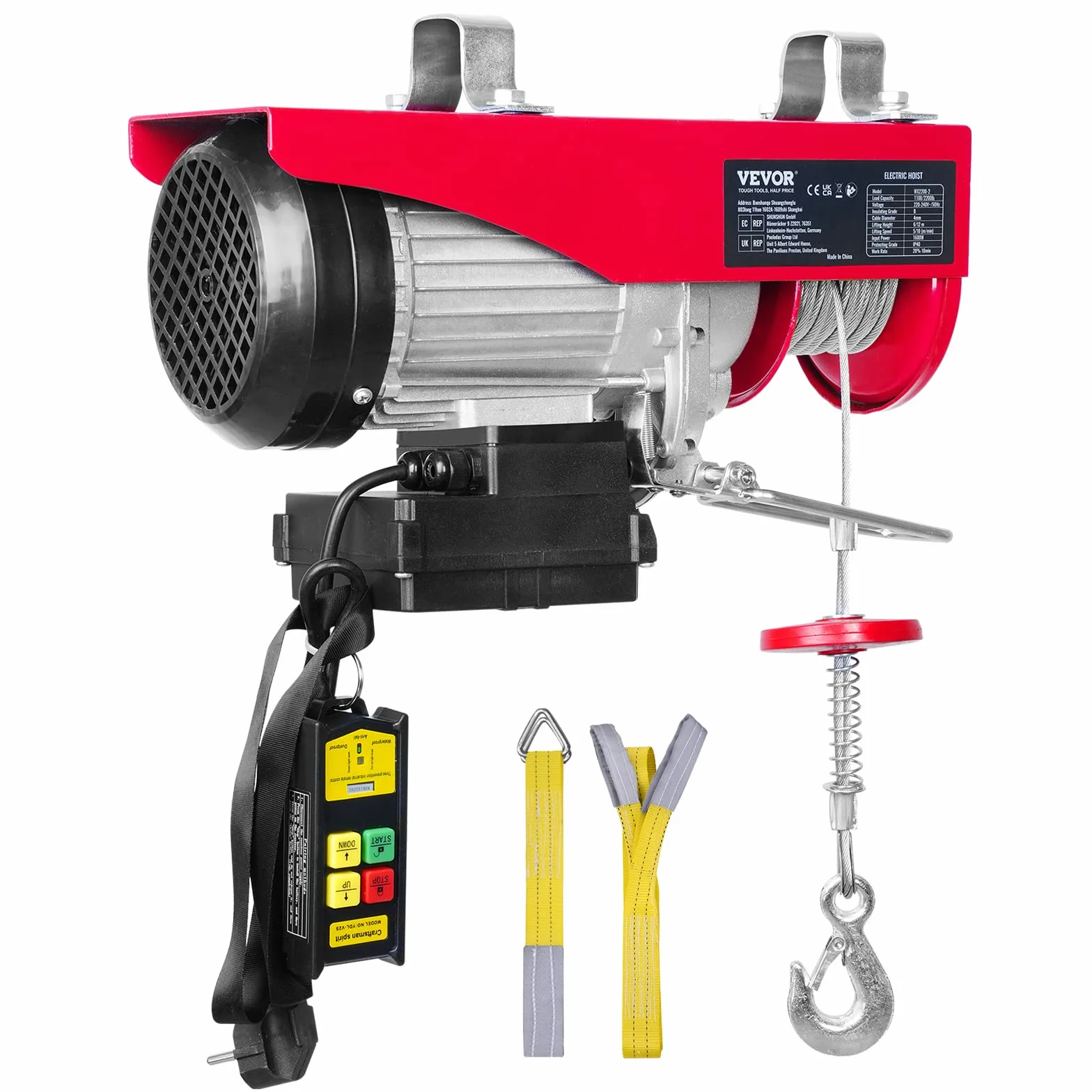 VEVOR Polipasto Eléctrico 1000 kg 1600W Mando a Distancia Inalámbrico 10m/min Altura Elevación 12m