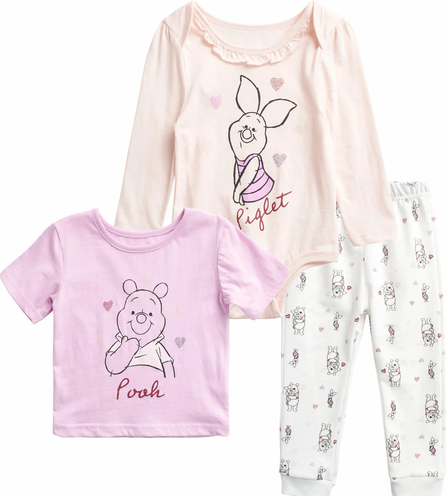 Disney Conjunto de 3 piezas para bebé, Minnie Mouse, Bambi, Winnie the Pooh Bodysuit, camiseta y pantalón deportivo (0-24 meses)