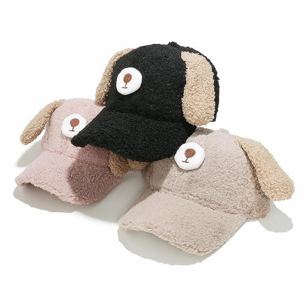 Gorro de Invierno, Gorra de béisbol Invierno for Mujer, Ajustable, Lana Cordero, con Orejas Cachorro, Lisa y sin estructurar(3PCS)