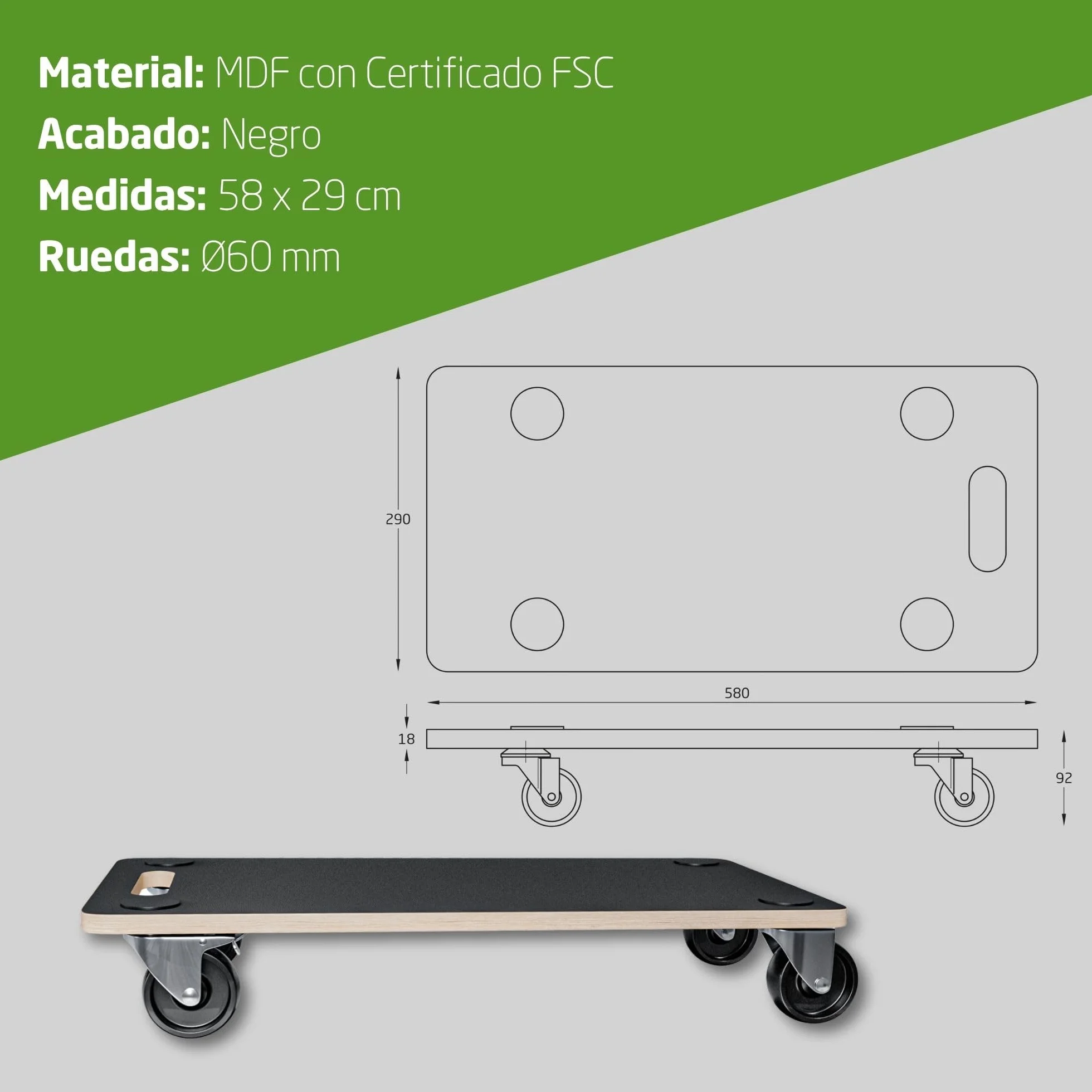 Amig Plataforma de Carga con Ruedas 58x29 cm 200 kg MDF Negro