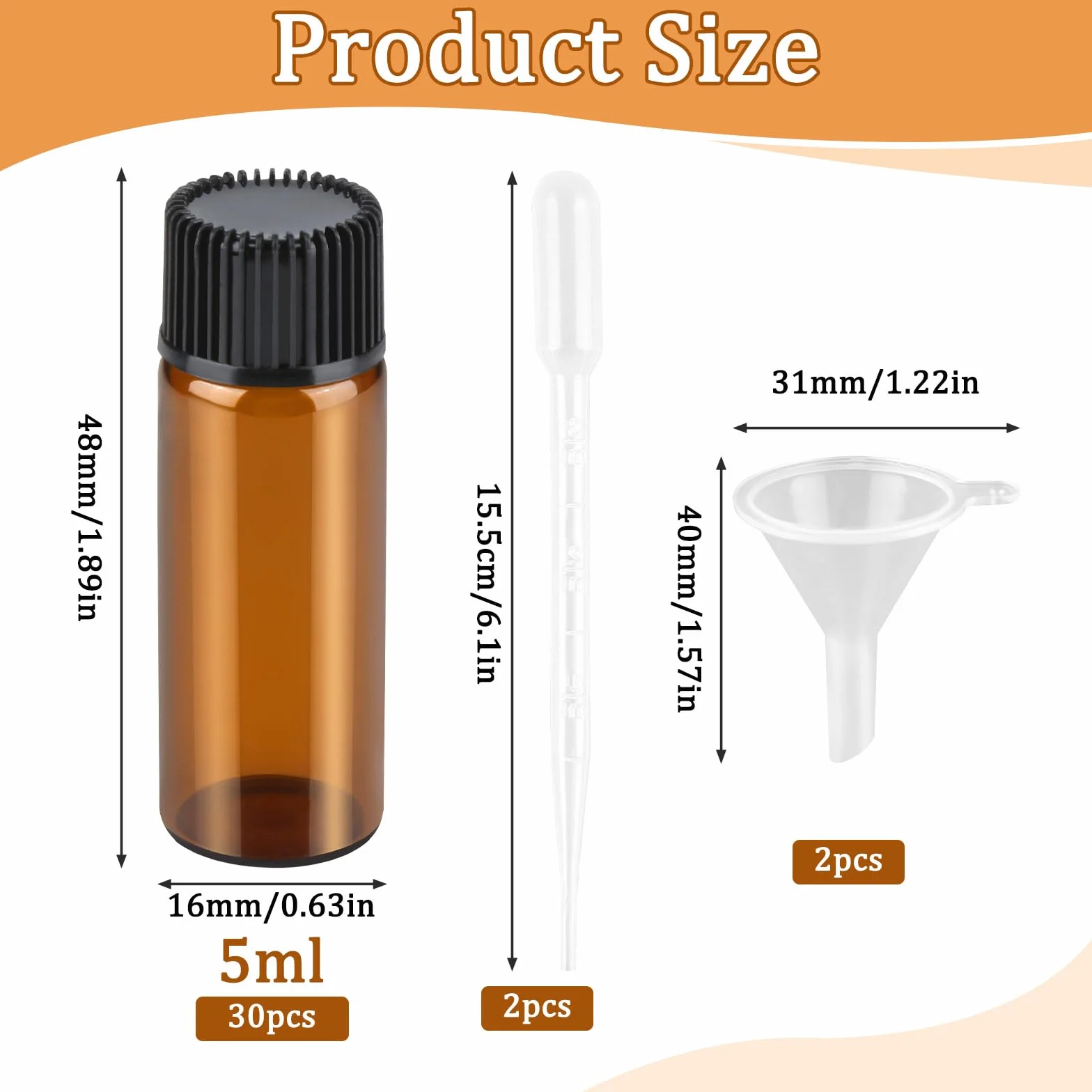 30 Pcs Mini Botellas Aceites Esenciales 5ml Vidrio Ámbar Rellenables con Gotero