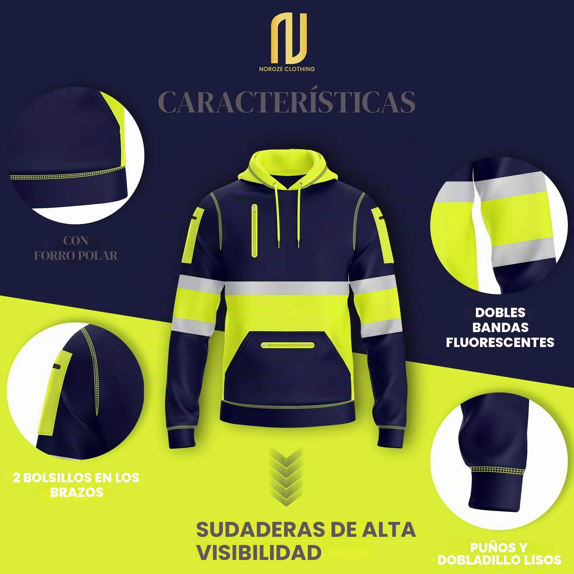 NOROZE Hombres Sudadera Alta Visibilidad Cinta Reflectante Abrigo Seguridad 4 Bolsillos Cremallera
