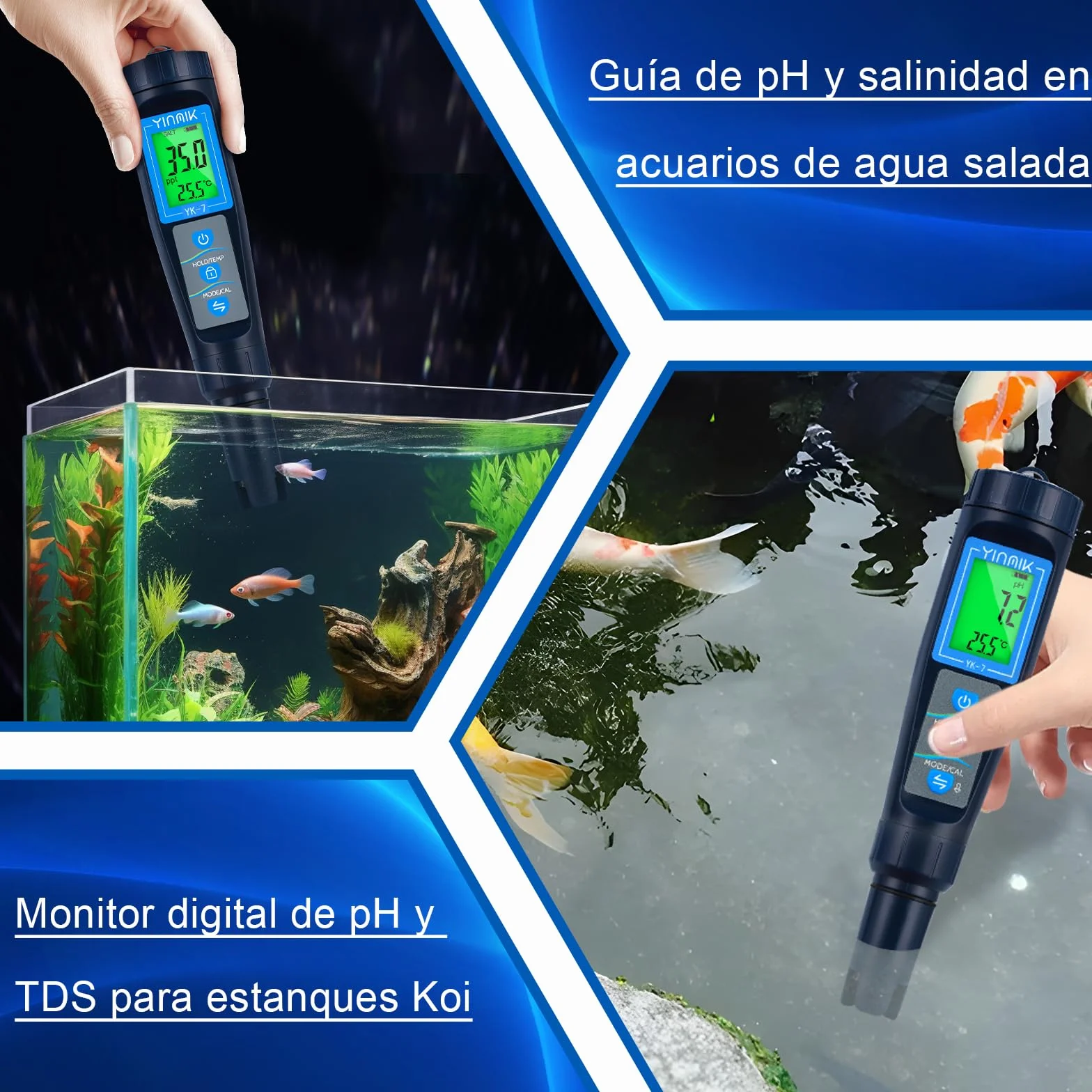 5 en 1 Medidor de pH Salinidad TDS EC Temp para Piscina de Agua Salada, Acuario Koi, Hidropónico