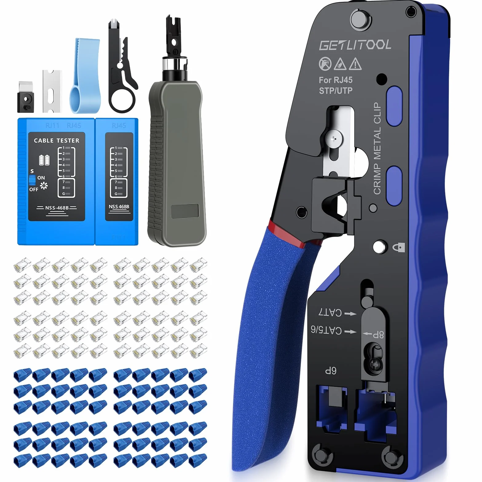 GETLITOOL Crimpadora RJ45 Kit Completo con 60 Conectores Cat6 Dorados Pelacables Probador de Red Herramientas para Crimpar Ethernet Cat5e/Cat6/Cat6a/Cat7