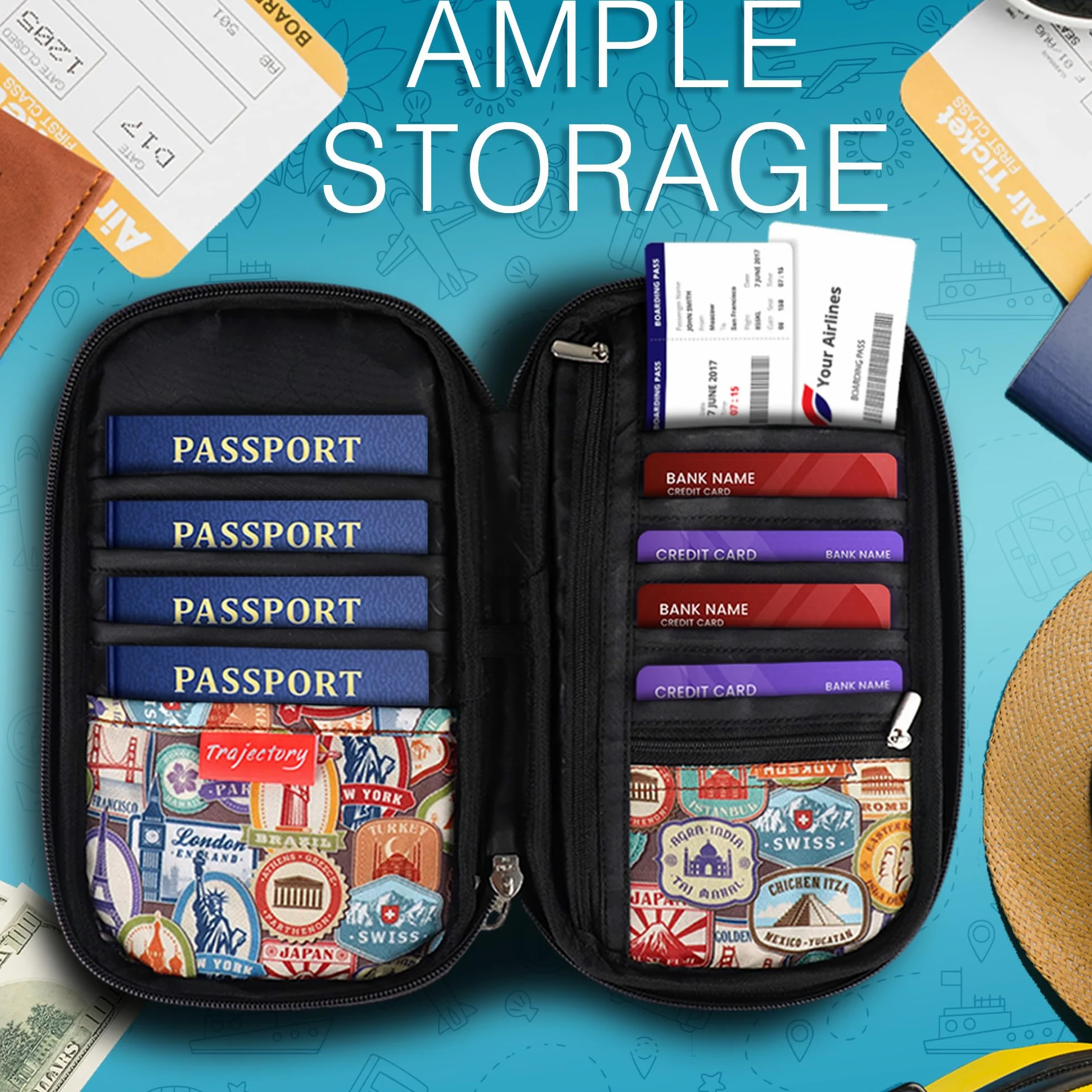 Trajectory Portatarjetas y pasaporte de viaje unisex para adultos, de poliéster, para uso diario y viajes internacionales, con 4 ranuras para pasaporte y 5 ranuras para tarjetas, MONUMENTO, STANDARD,