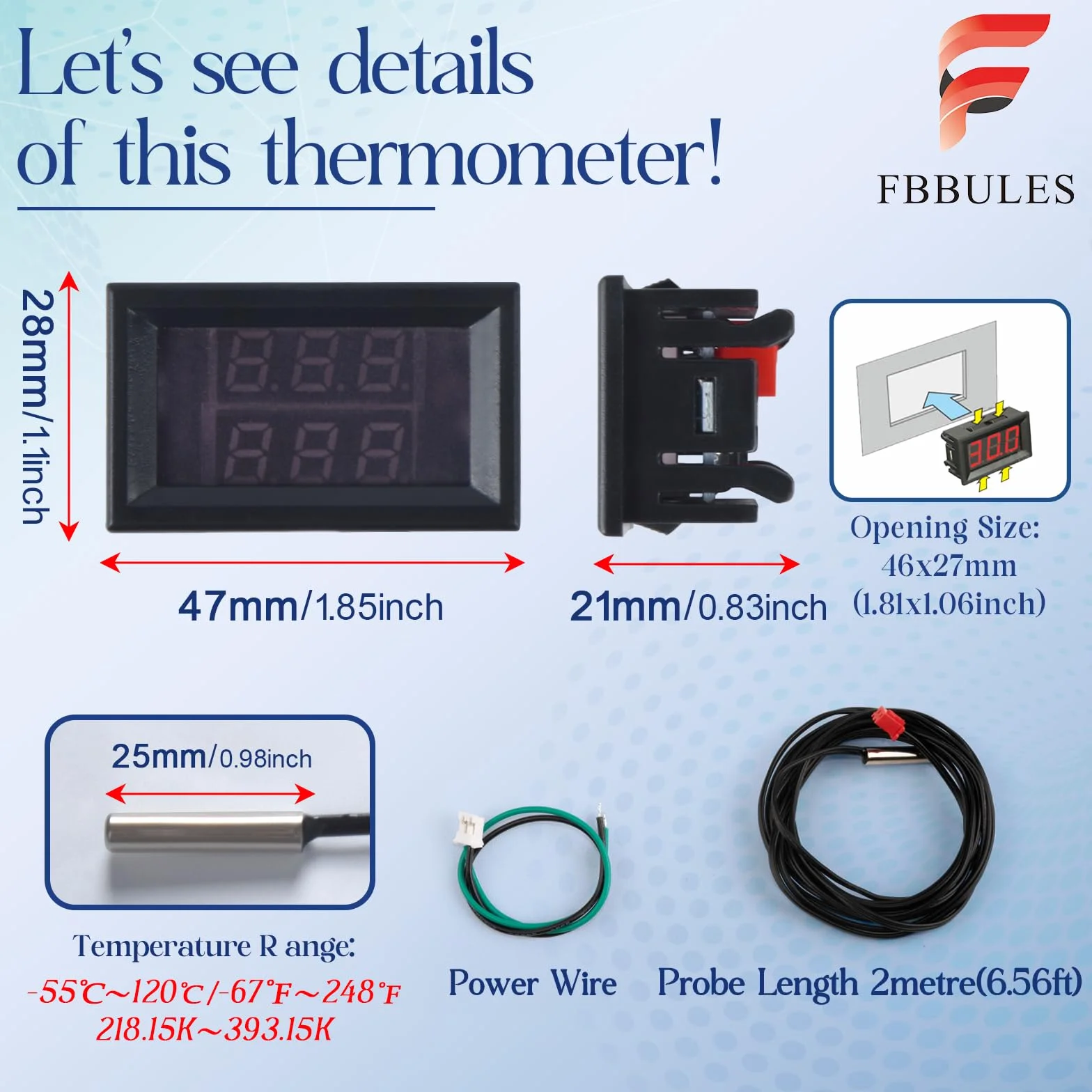 Termómetro Digital Impermeable con 2 Sondas de Metal, DC 4-28V LED Medidor de Temperatura Pantalla Dual -55 a +120°C, Cable 2m Rojo&Azul