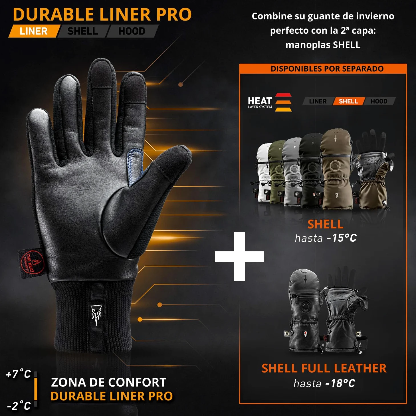 THE HEAT COMPANY – Durable Liner Pro - Guantes Piel Hombre - Guantes de Cuero Mujer - Guantes tactiles Invierno - Guantes termicos Negro - Guantes Deporte para bicileta y fotografia