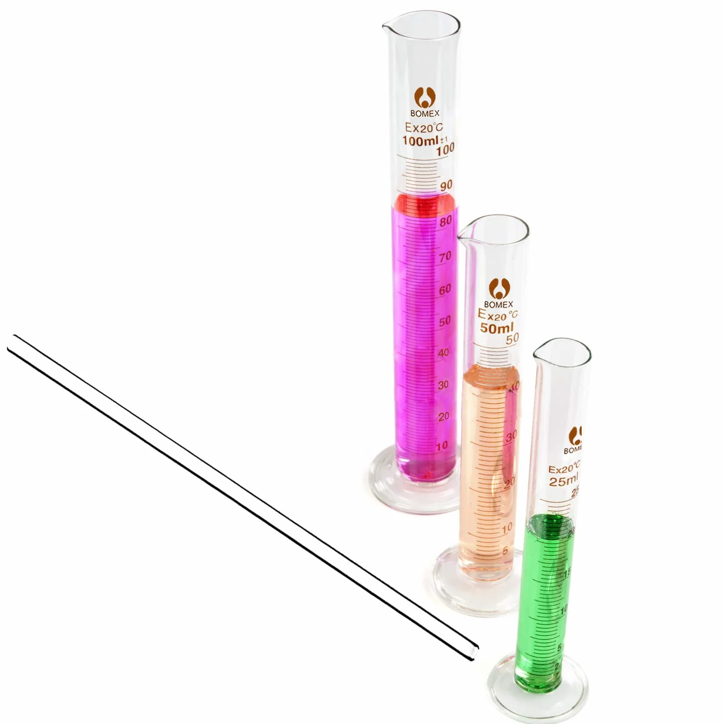 Set de Experimentación de 5 Piezas con Probeta de Medición de Líquido 5ml 10ml 25ml 50ml 100ml, Varilla de Cristal