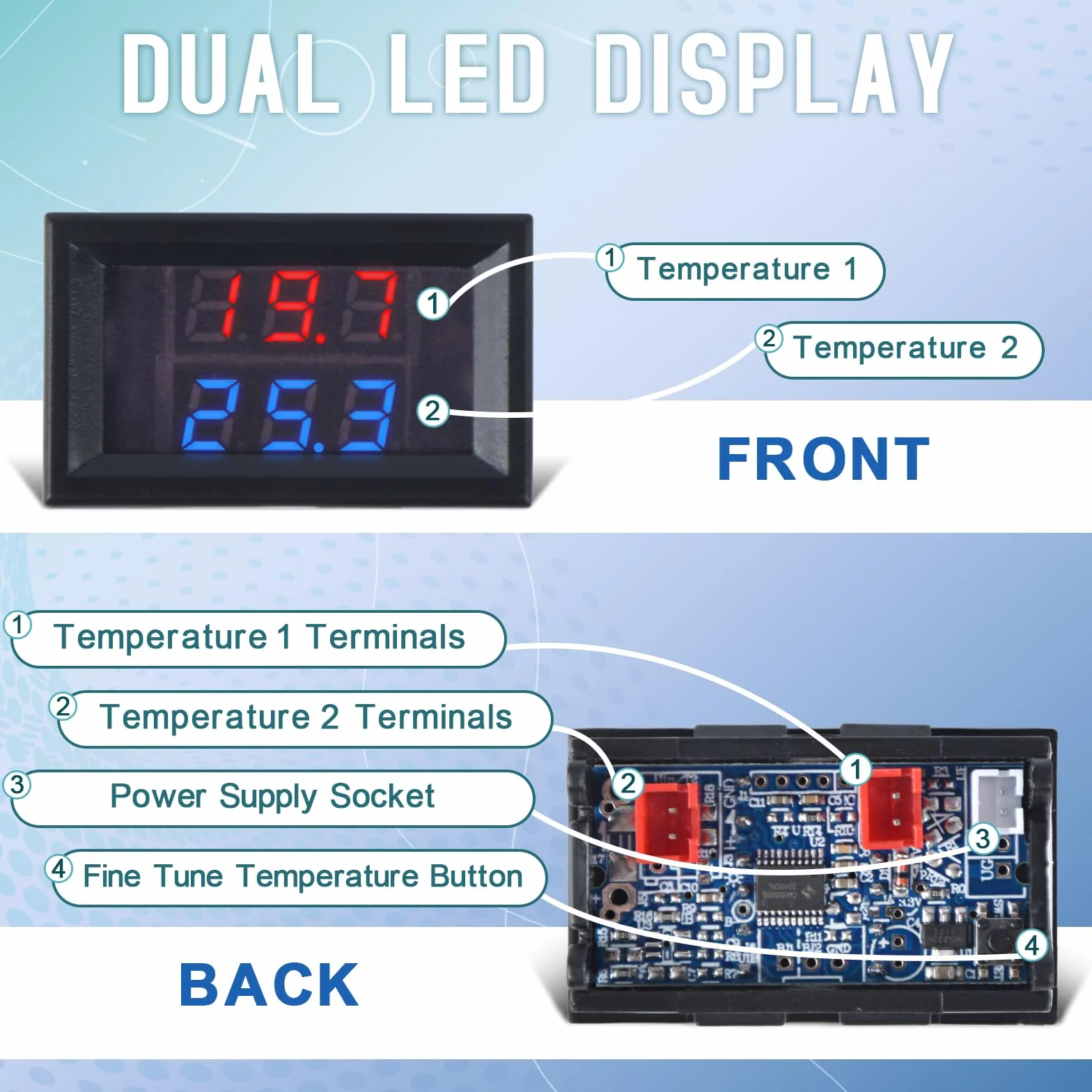 Termómetro Digital Impermeable con 2 Sondas de Metal, DC 4-28V LED Medidor de Temperatura Pantalla Dual -55 a +120°C, Cable 2m Rojo&Azul