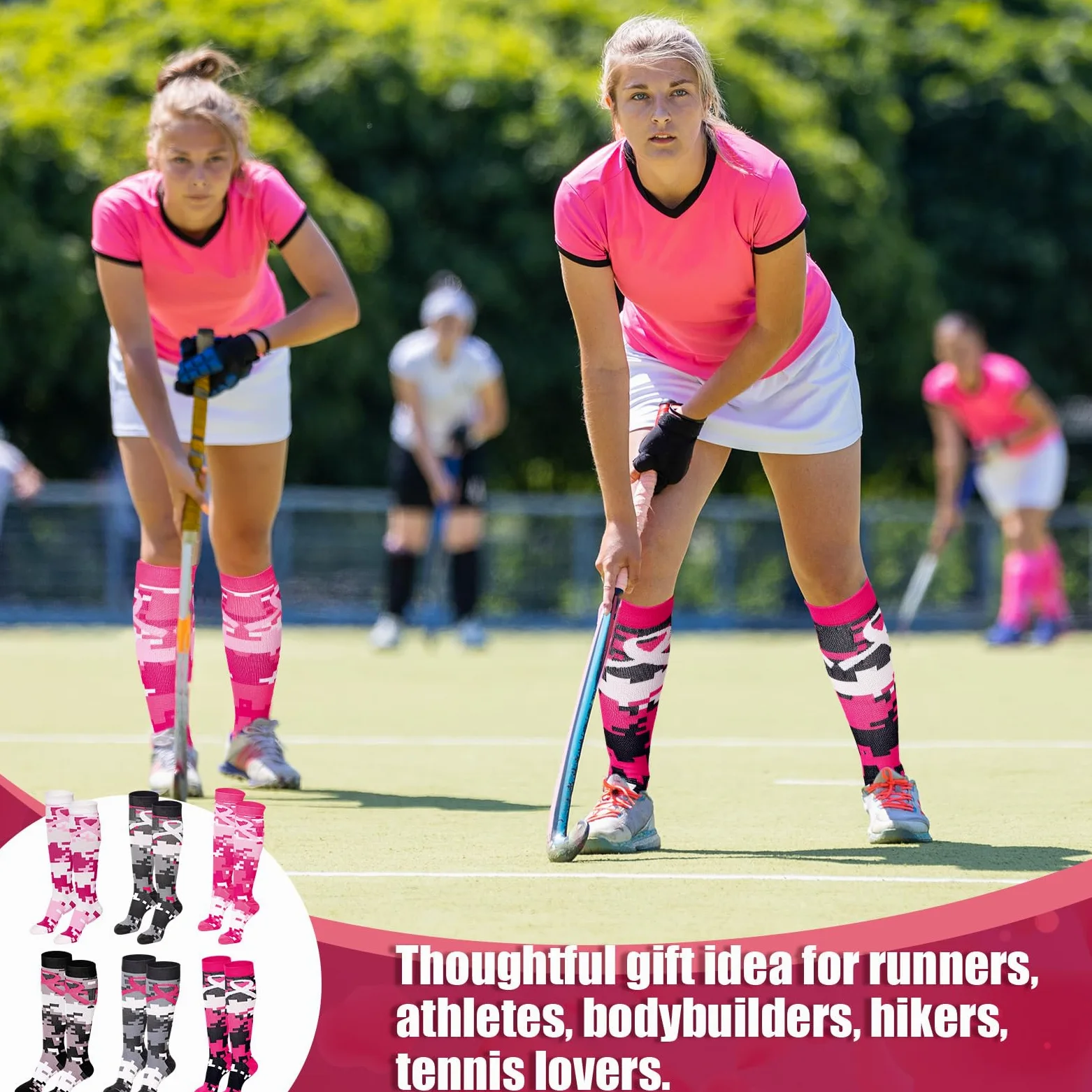 Xtinmee 36 pares de calcetines de compresión de camuflaje para el cáncer de mama con cinta rosa, calcetines atléticos sobre la pantorrilla, calcetines de fútbol para enfermeras, mujeres, correr,