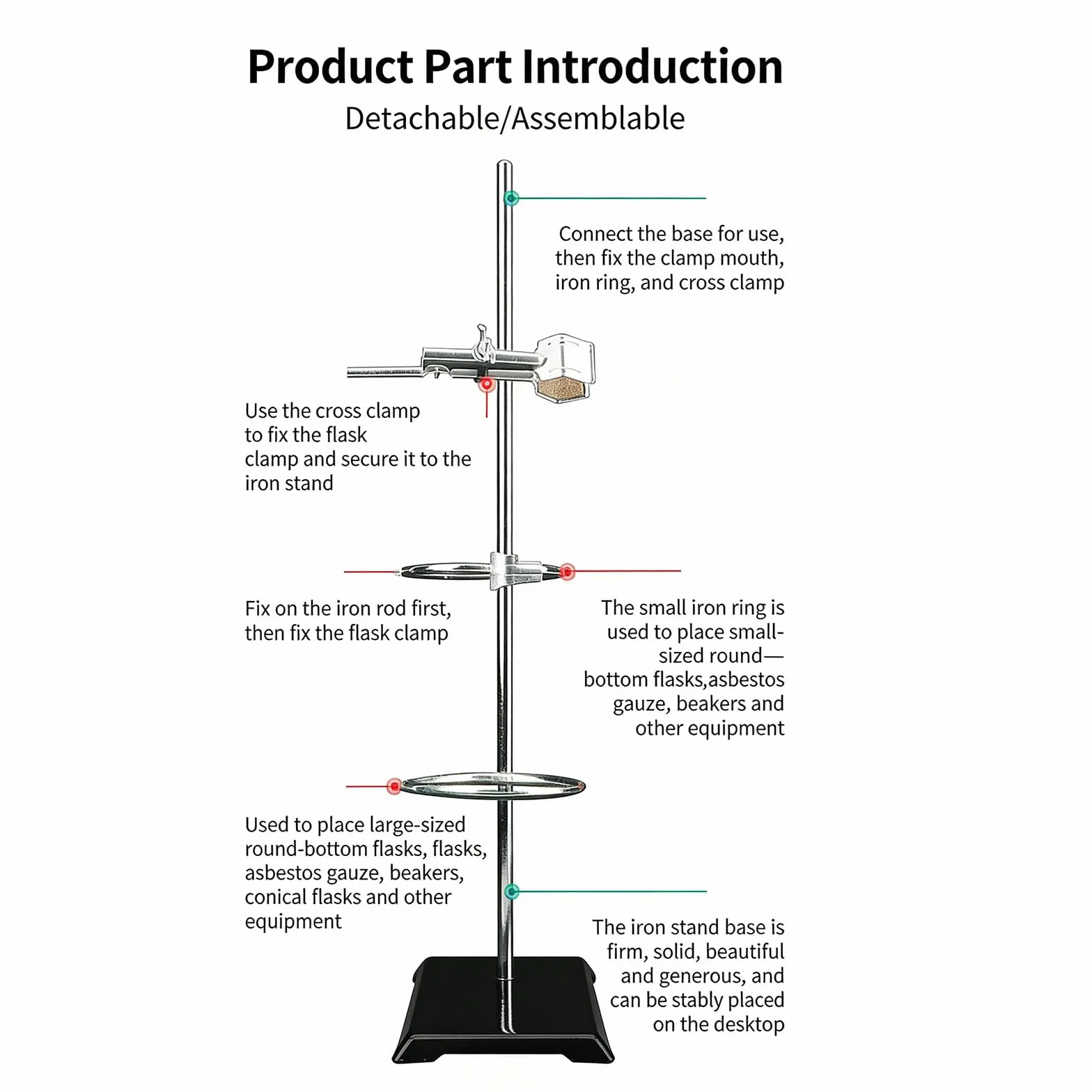 Soporte de laboratorio 35 cm para experimentos de química con superficie inoxidable y abrazaderas de apriete