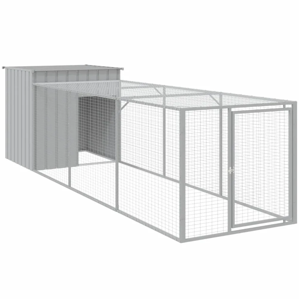 vidaXL Gallinero con Corral, Jaula de Gallinas Pollos con Tejado, Acero Galvanizado Gris Claro