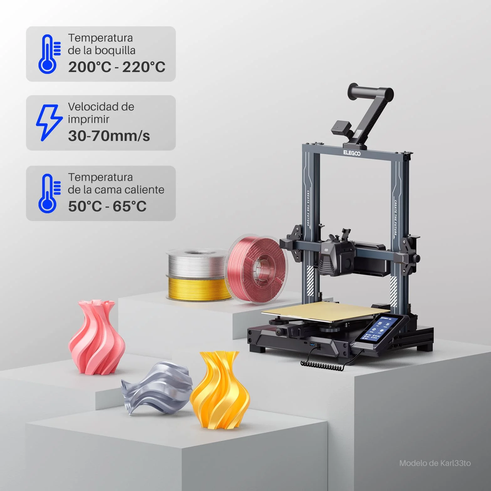 ELEGOO Filamento PLA Silk 1.75mm 1KG Triple Color Azul Púrpura Negro para Impresora 3D