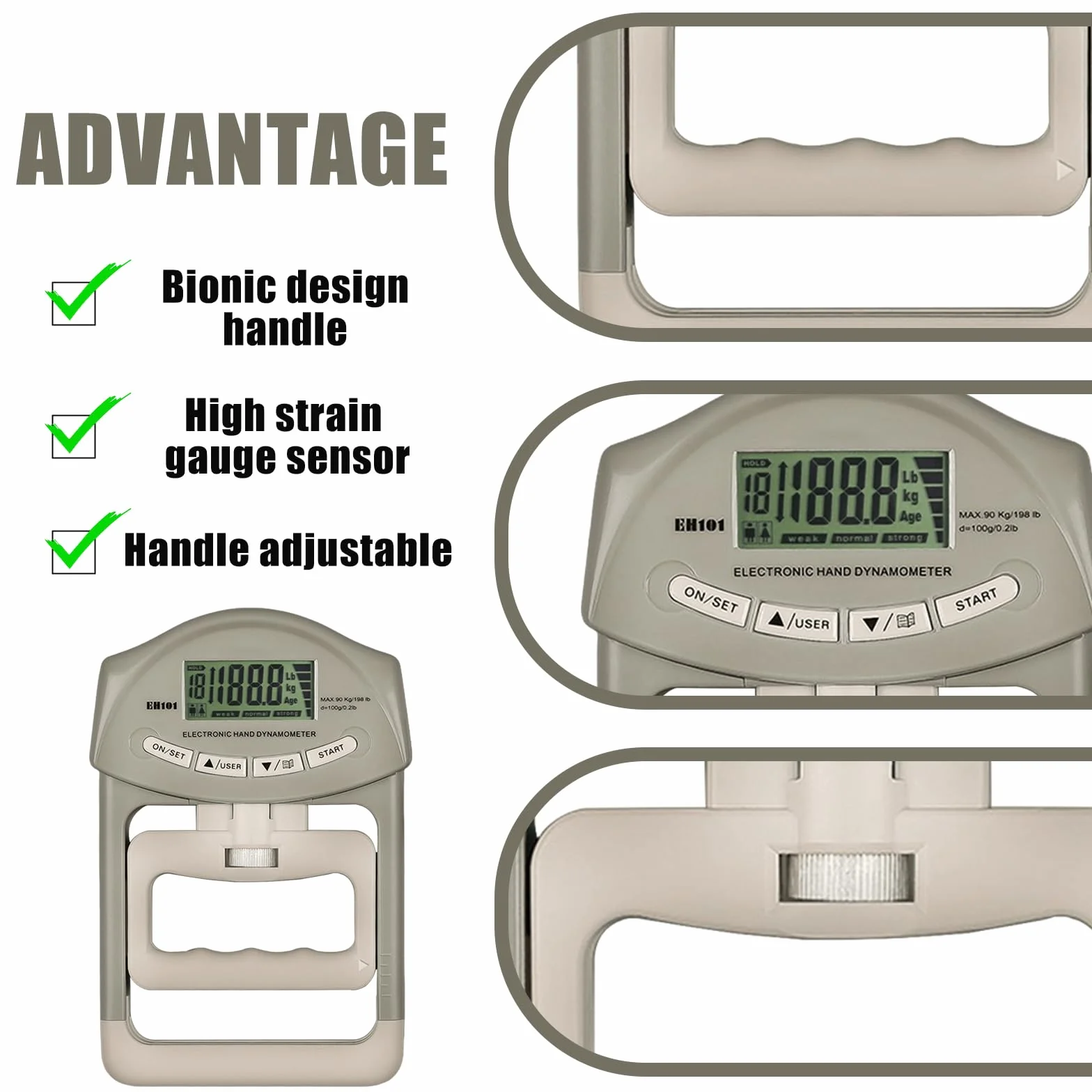 Dinamómetro Digital de Mano 180 kg con Cable USB, Medidor de Fuerza de Agarre con Pantalla LED Gris