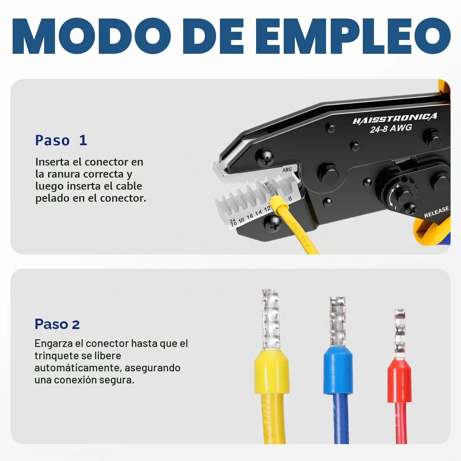 Crimpadora para Terminales de Cable Haisstronica 0,25–10 mm² (AWG24–8) Alicate de Crimpar