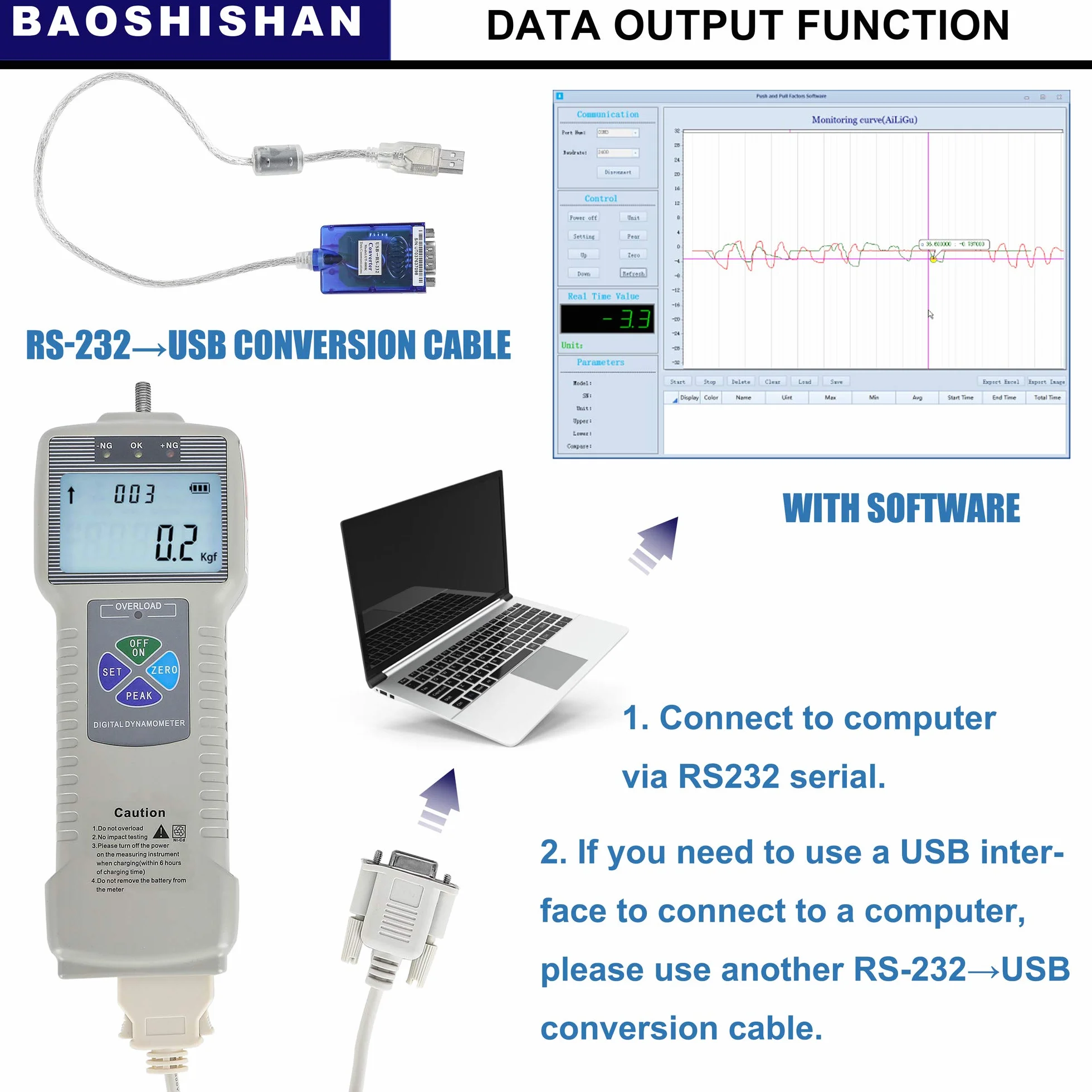 BAOSHISHAN Medidor de Fuerza Digital Dinamómetro Electrónico 500N USB