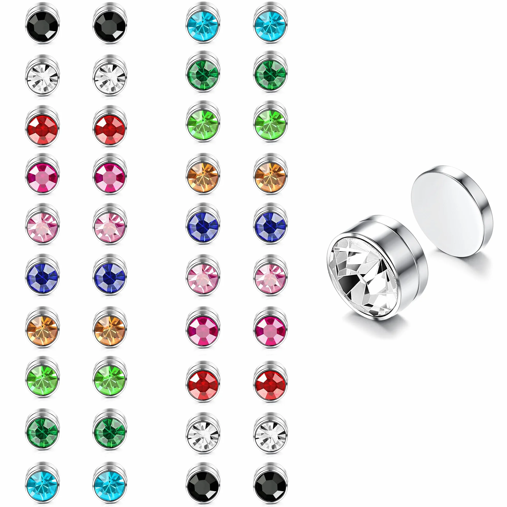 Finrezio 20 Pares Conjunto de Aretes Hombres Mujeres Colorido Cristal Pendientes Magneticos No Perforado Piercing 6 mm Pendientes Falsos