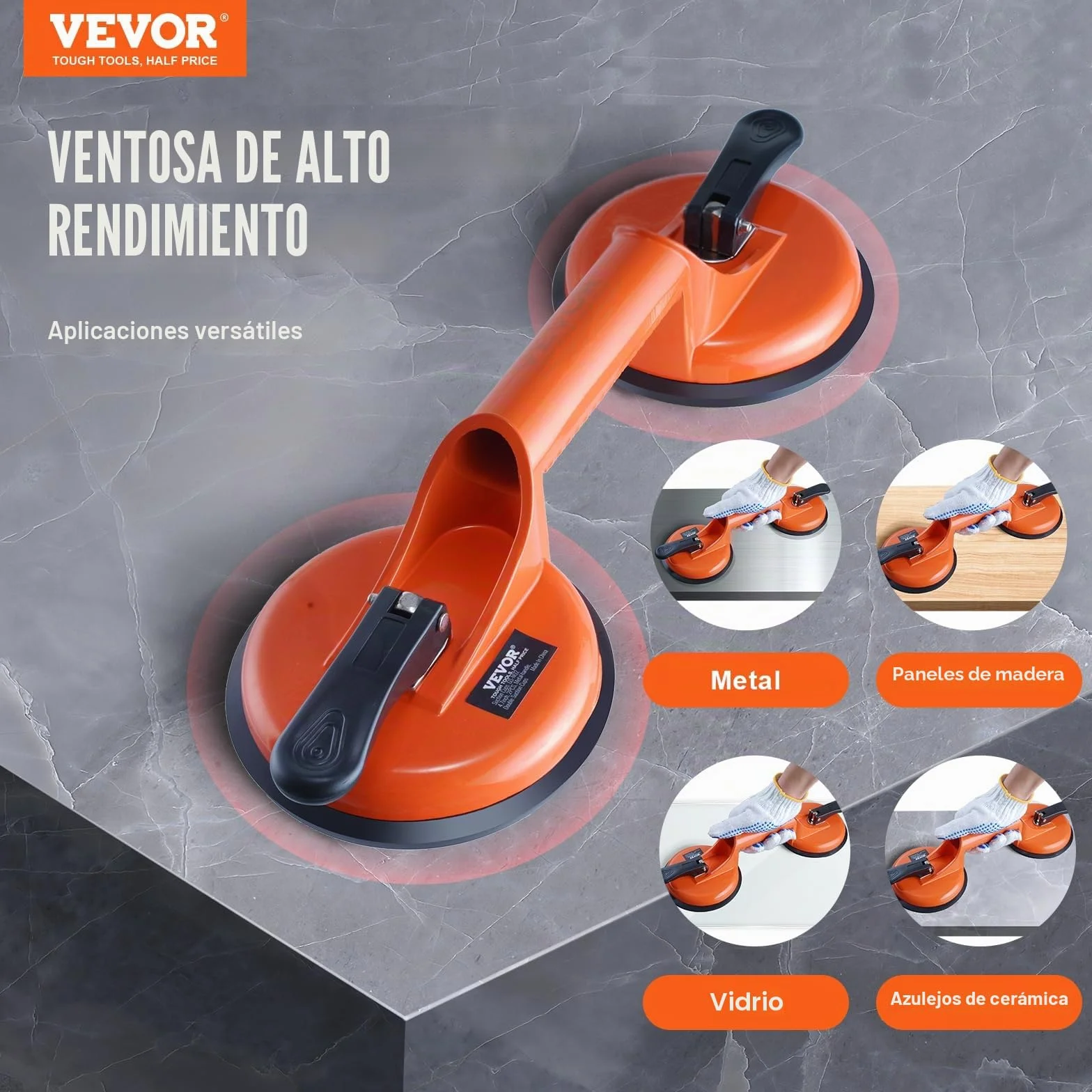 VEVOR Ventosa para Azulejos Doble 119 mm 2 Piezas 150 kg Carga Mango Aleación Aluminio Elevación Industrial