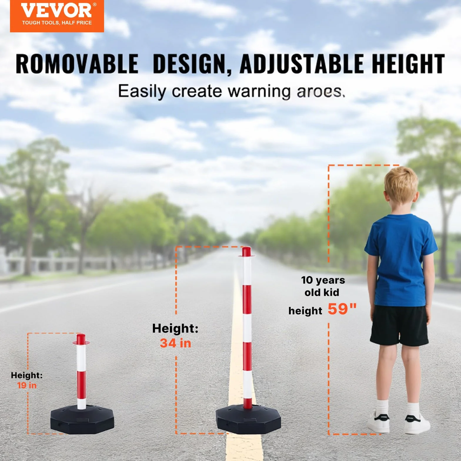VEVOR Poste de Tráfico 4 Piezas Base Rellenable Cono Altura Ajustable Cadena 2,4 m Rojo y Blanco