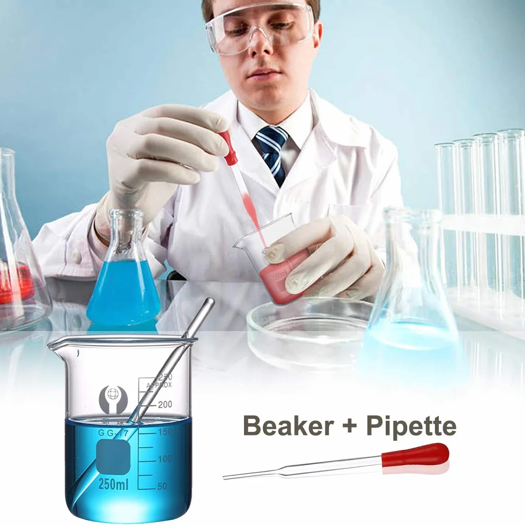 Juego de Matraz Erlenmeyer JESSTOLO 50ml, Vidrio Graduado, Cilindros de Medición 10ml/5ml, con Pipetas de Vidrio, Cepillos y Varillas de Agitación