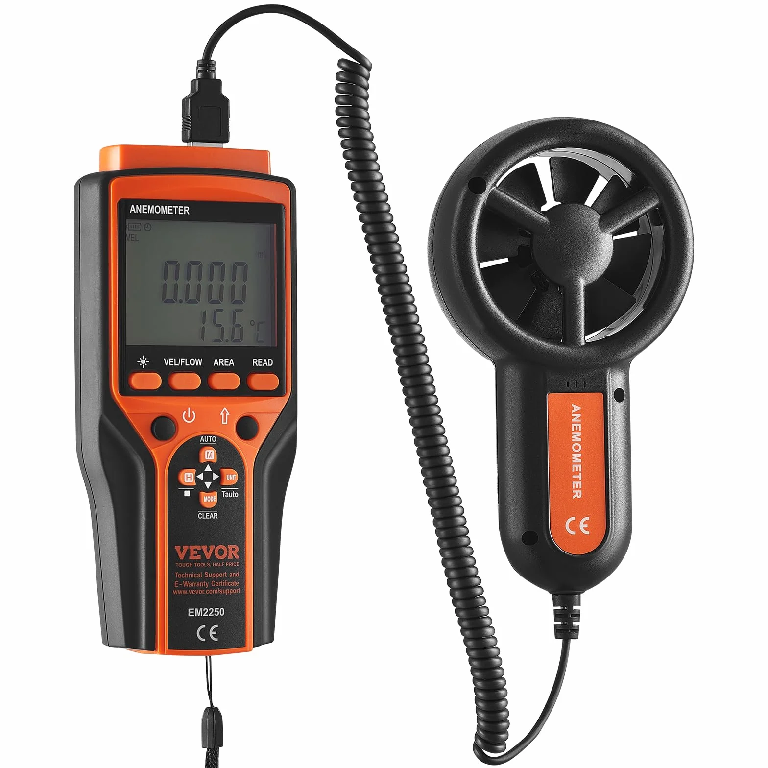VEVOR Anemómetro Portátil Digital con Pantalla LED Medidor Velocidad Viento CFM -10~60°C para HVAC Drones Navegar