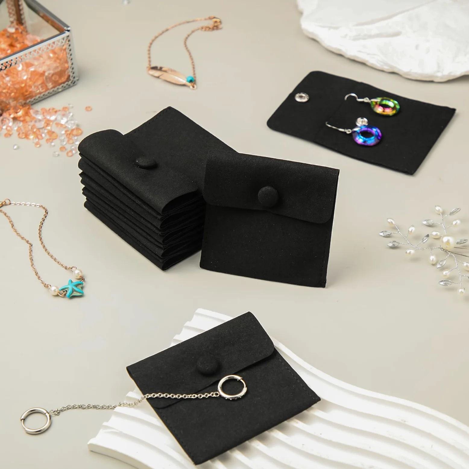 Bolsa de joyería de microfibra 8x8cm, bolsa de embalaje de joyería, bolsas de regalo de joyería pequeñas de lujo, paquete de botón a presión con divisor bolsa de microfibra para embalaje de collar de