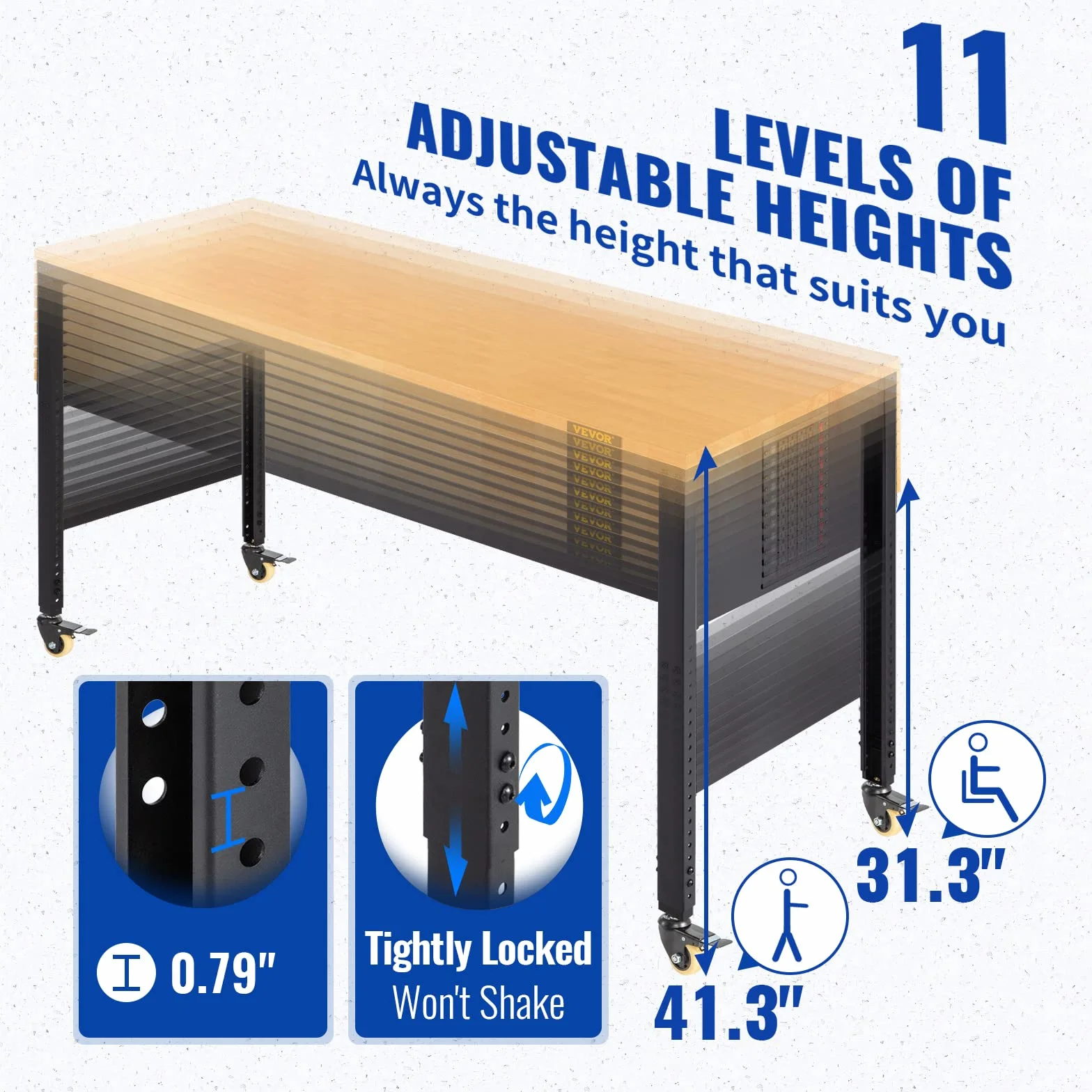 VEVOR Banco de Trabajo Altura Ajustable 80-105 cm 155x51 cm Tablón de Roble Marco de Acero 720 kg