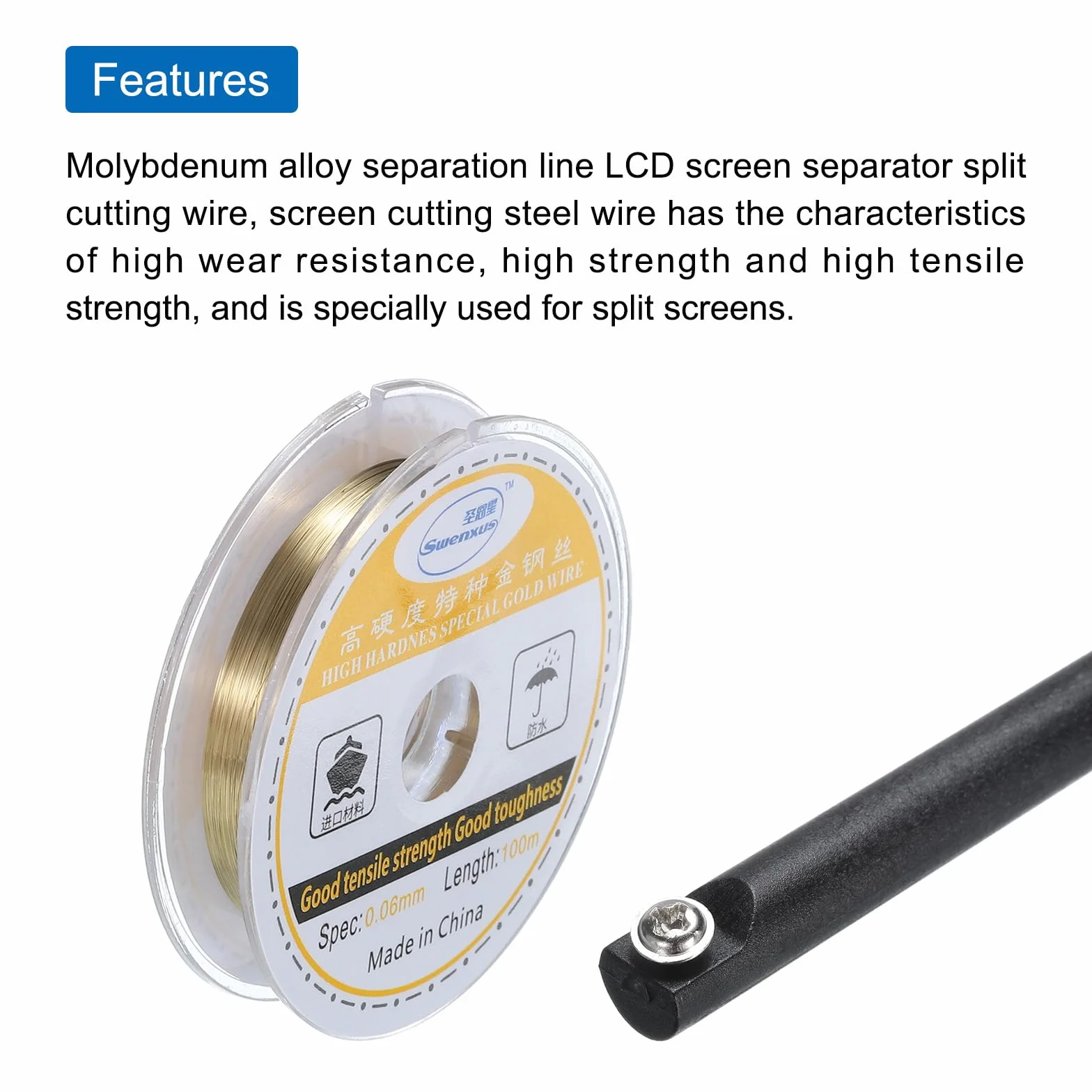 QUARKZMAN 100m/328ft Molibdeno Pantalla Corte Cable Línea con Mango Teléfono LCD Herramienta 0,06mm