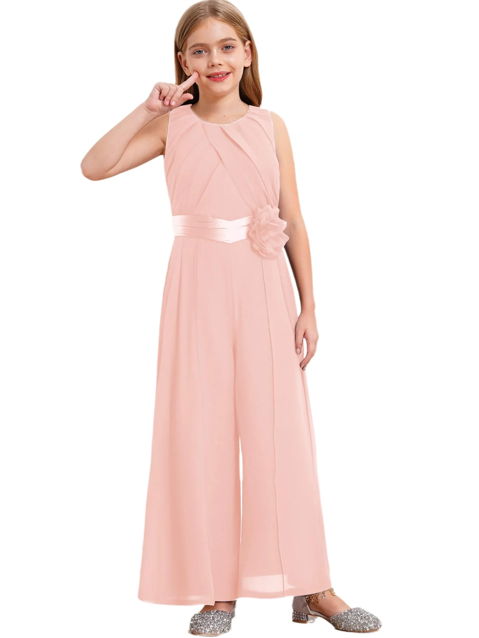 Mono festivo para niña, elegante, traje de pantalón con flores, cinturón de cintura, pantalones de pierna ancha, para bodas, cumpleaños, fiestas