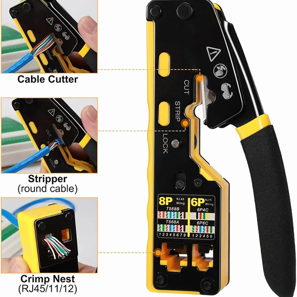 Kit de Crimpadora RJ45, Herramienta de Crimpado Cat6 de Paso para Conectores Cat5, Cat5e, Cat6 8P8C, Crimpadora Ethernet