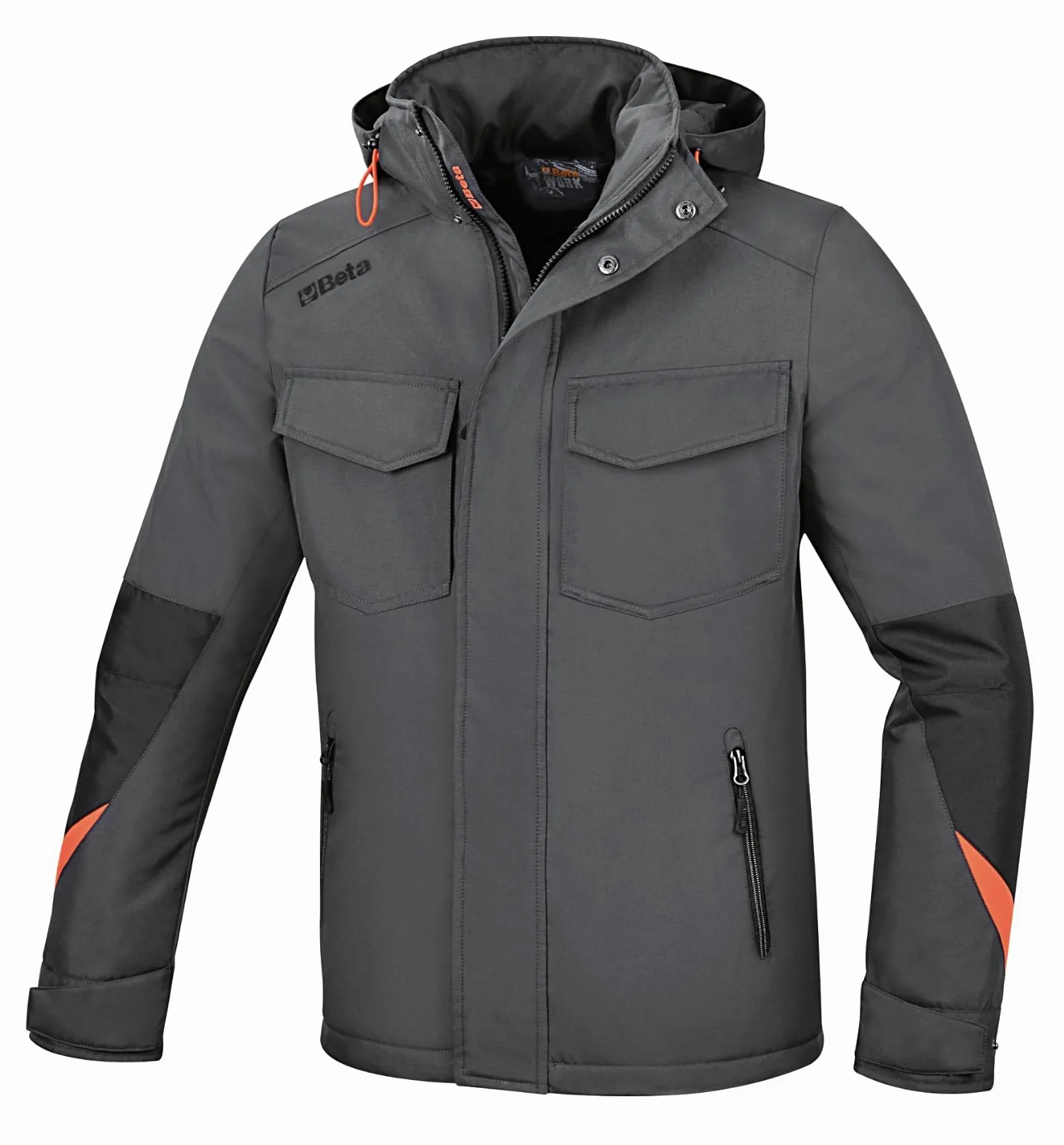 Beta Chaqueta de Trabajo de poliéster Oxford 300D Impermeable, con Revestimiento de PU, Gris con Cierre Frontal Doble con Cremallera y Botones automáticos, Multibolsillos para Hombre