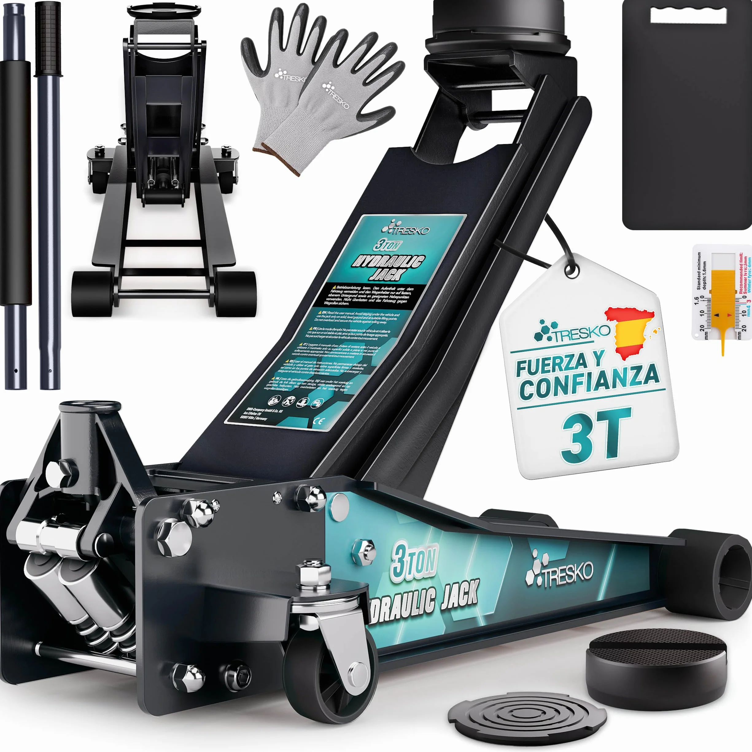 TRESKO gato hidráulico 3T 75-510mm doble pistón ruedas 360°